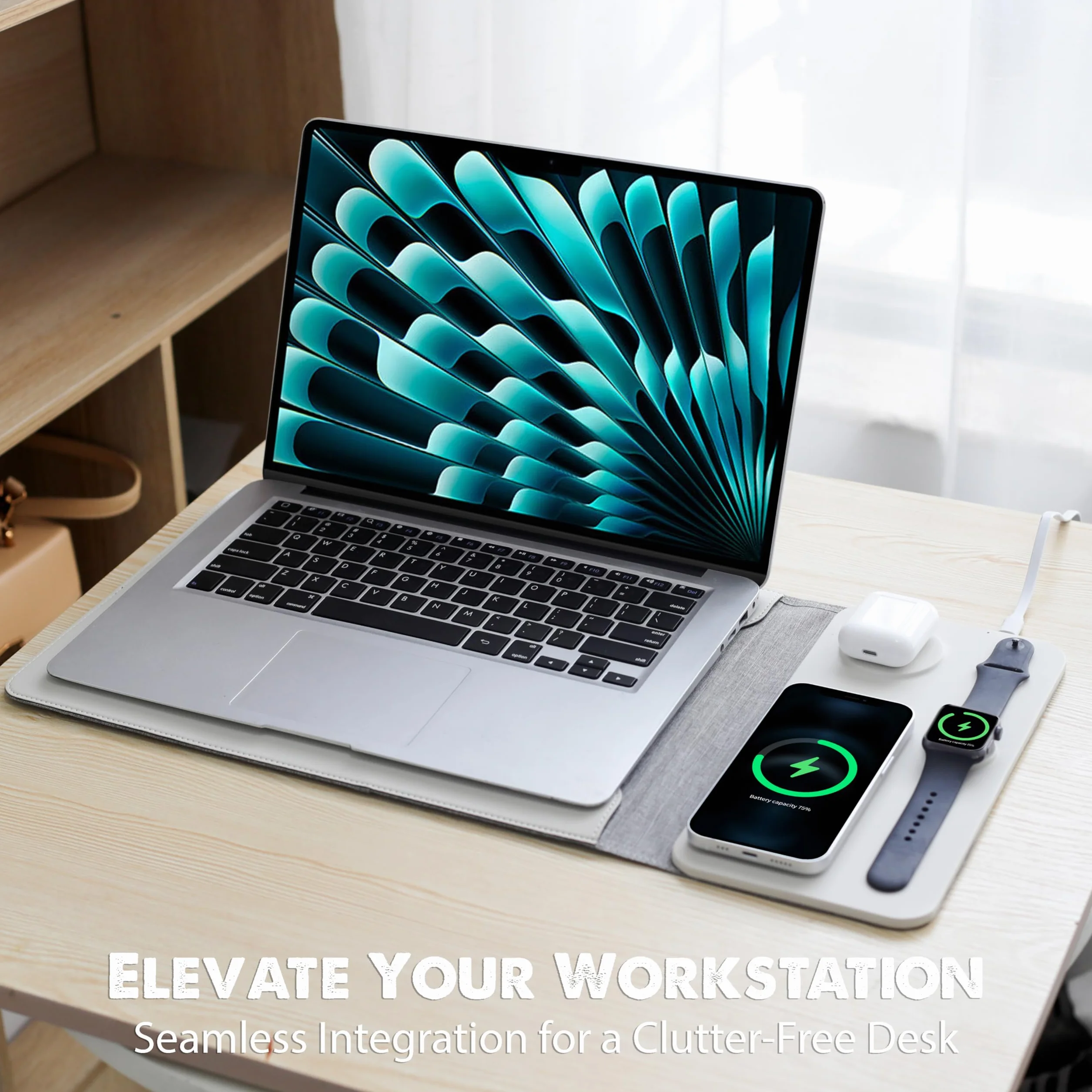 Custodia per computer portatile con ricarica wireless, custodia in pelle 5 in 1, tappetino per mouse e deskpad, ricarica rapida per telefoni, auricolari e orologi, caricabatterie wireless 3 in 1,