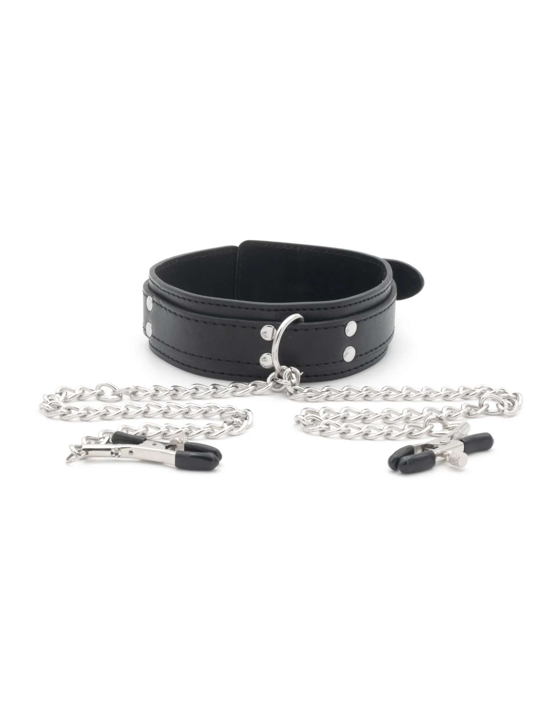 BONDAGERIE® Collare in Ecopelle con Pinze e Catenina Regolabile Nero