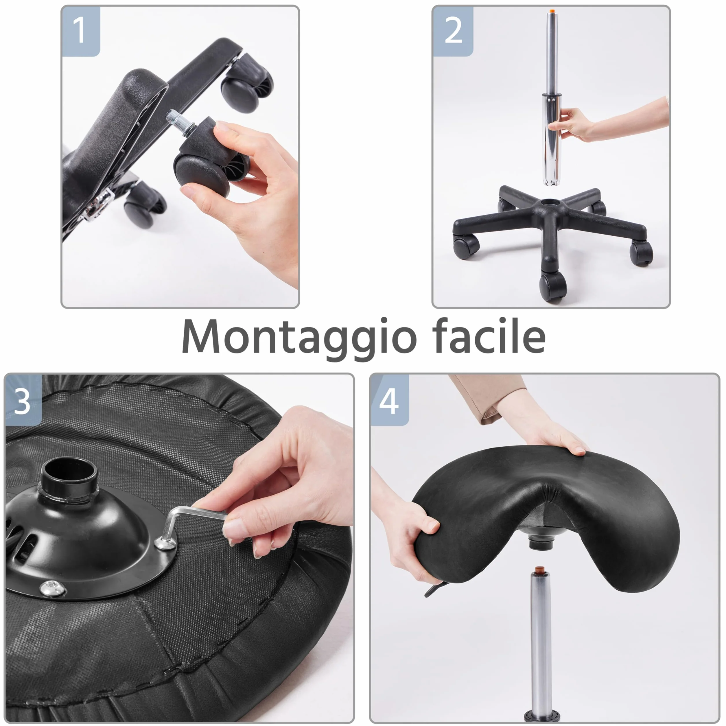 Yaheetech Sgabello a Sella con Ruote Regolabile in Altezza Sedia Estetista Girevole Ergonomico Nero