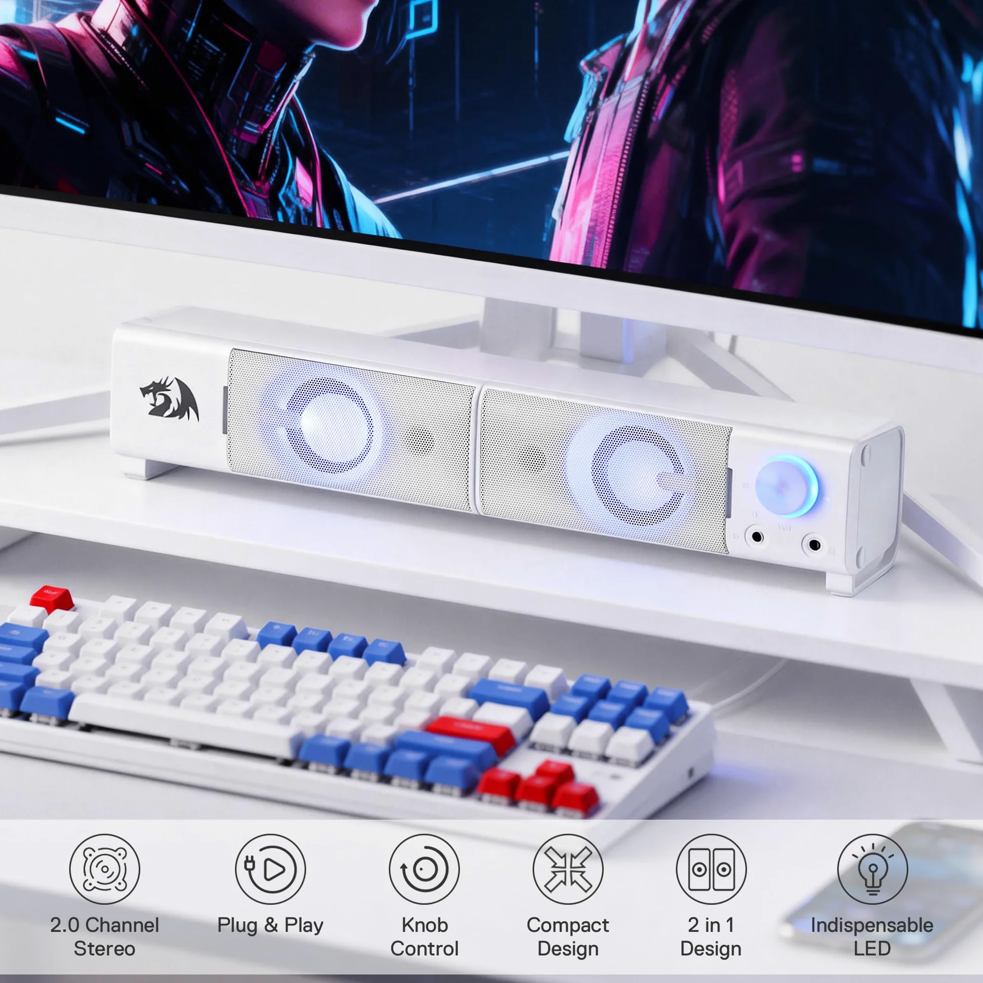 Redragon GS550 - Altoparlante da gioco per PC, 2.0 canali, per computer desktop, dimensioni compatte, jack per cuffie, basso di alta qualità, retroilluminato rosso, alimentato da USB, cavo da 3,5 mm