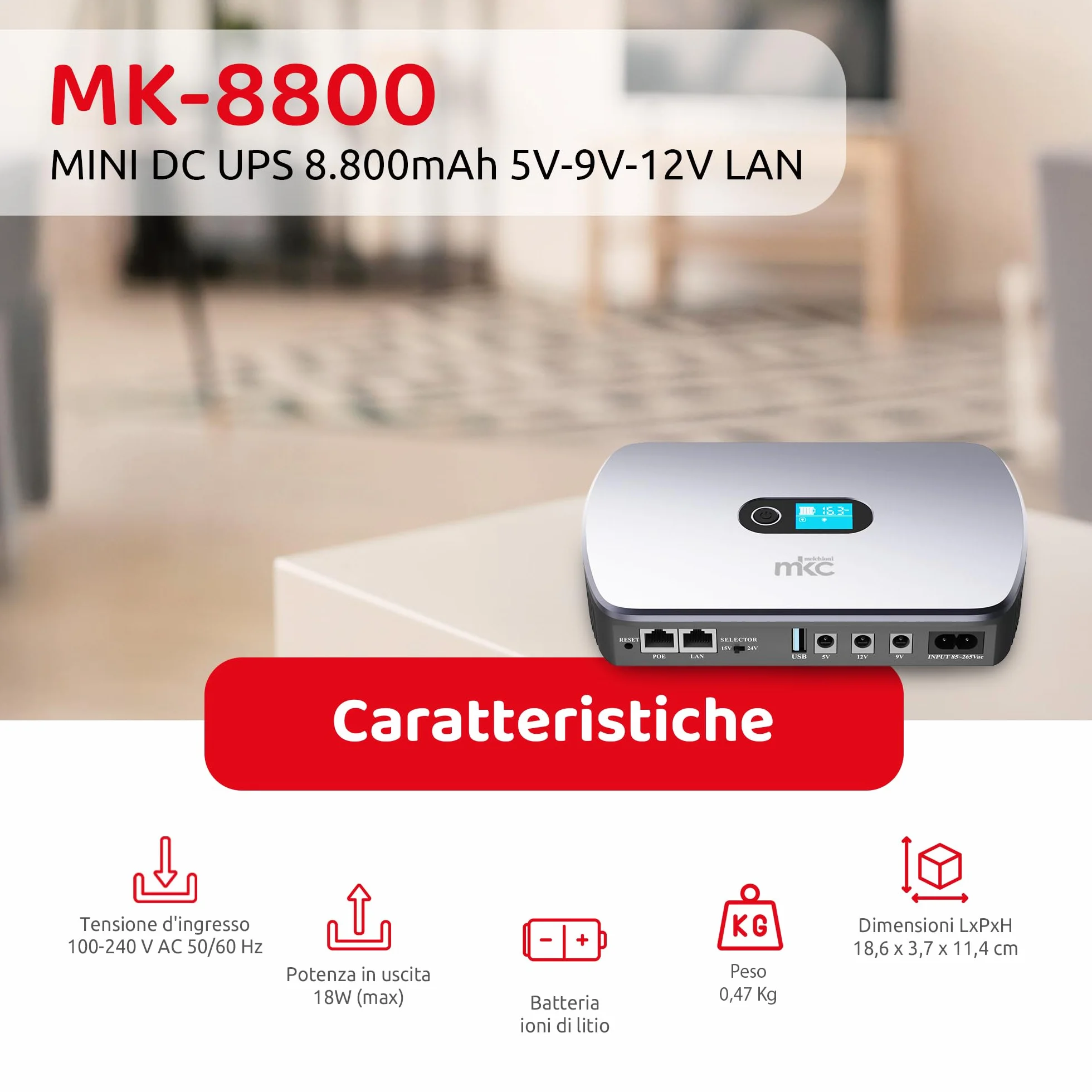 Melchioni Mini UPS MK-8800 con display LCD e uscite multiple per router e smart, 8800mAh (32Wh) Gruppo di Continuità 12V/2A con USB 5V/3,6A e PoE