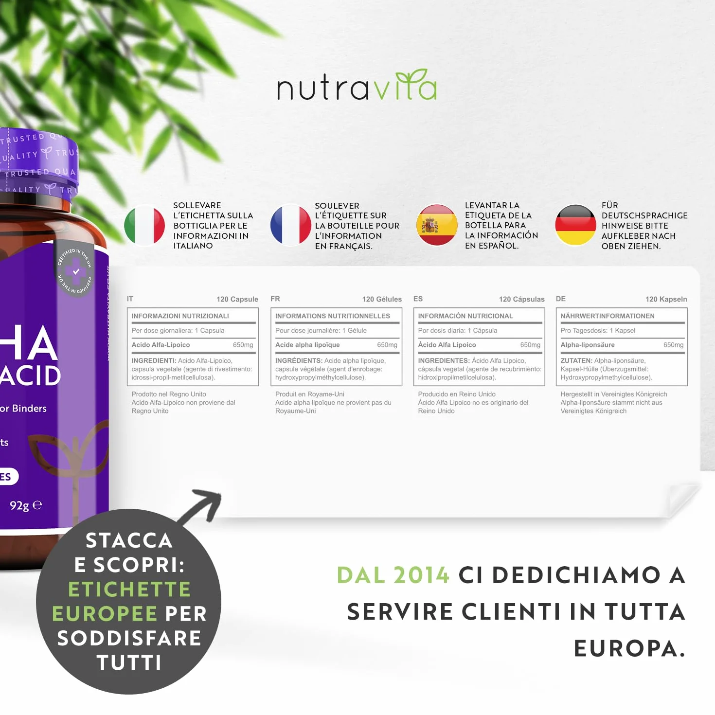 Nutravita Acido Alfa Lipoico 650 mg 120 Capsule Vegane Integratore Alta Concentrazione