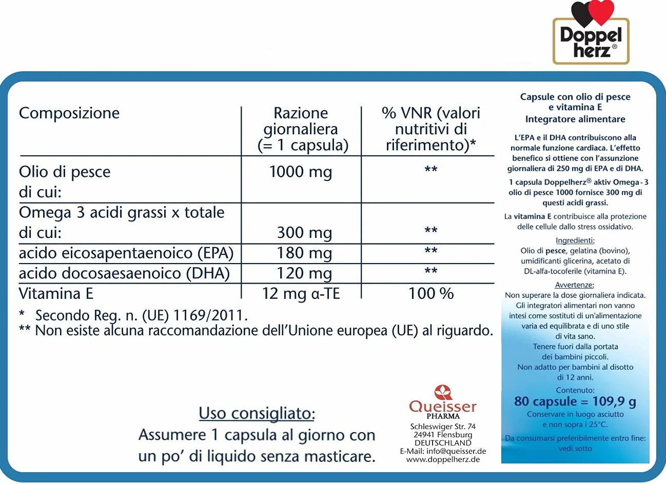 Doppelherz Omega-3 1000 Capsule 300 mg EPA DHA Olio di Pesce Purificato Vitamina E Integratore Cuore Cervello Vista