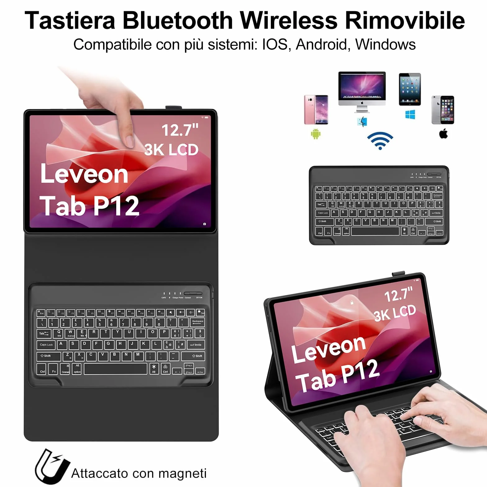 WINCHKING Custodia Tastiera per Lenovo Tab P12 12.7" 2023, Cover con Tastiera Italiano Magnetica Retroilluminata Bluetooth per Lenovo P12 Tablet 12.7 pollici (TB370FU), Nero