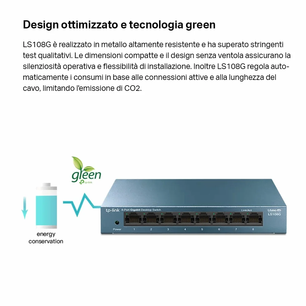 TP-Link LS108G Switch Ethernet 8 Porte Gigabit, Sdoppiatore Ethernet, Struttura in Metallo, 802.1p/DSCP QoS, Ideale per la Casa e il Ufficio, Plug & Play, Funzionamento Silenzioso, Montaggio Desktop