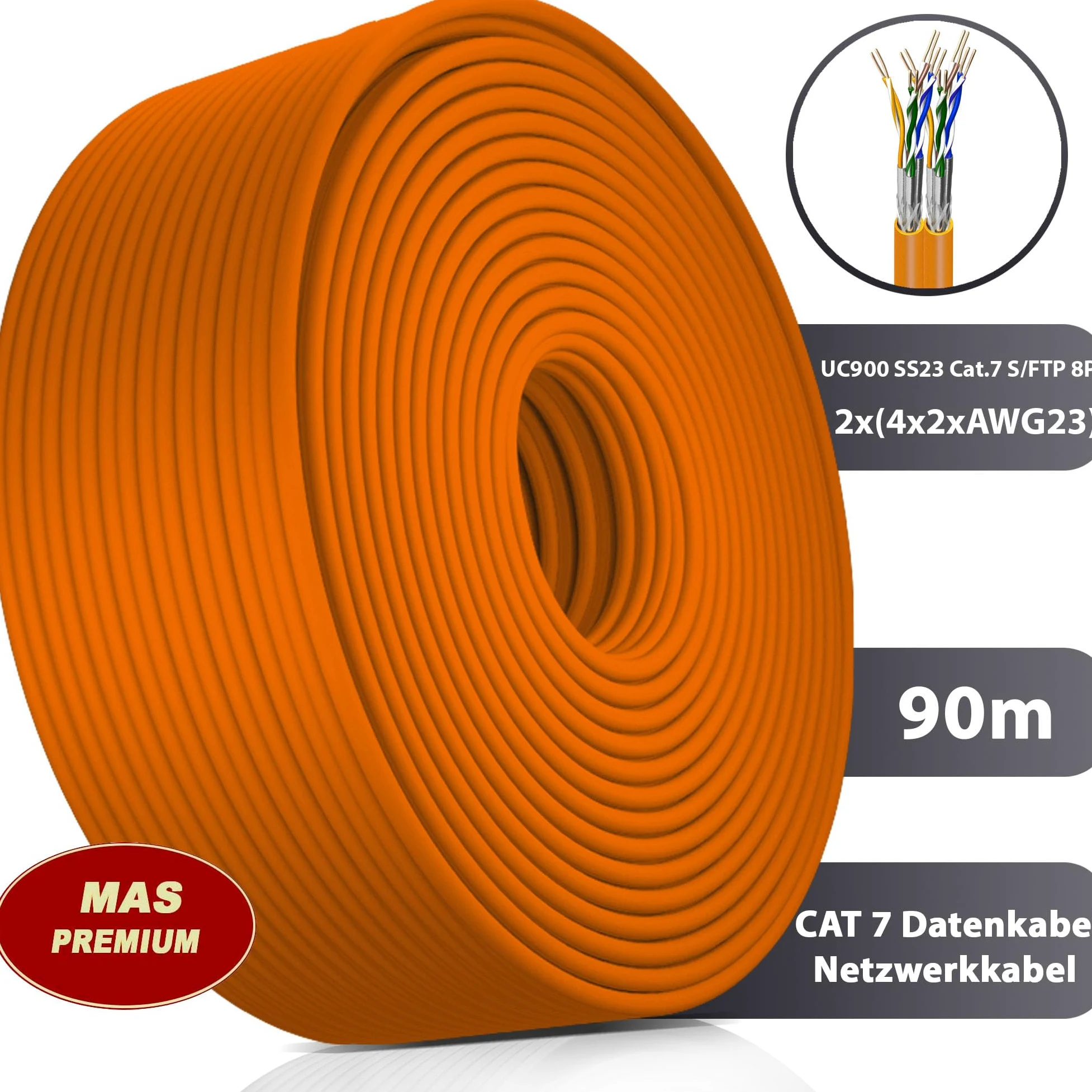 MAS Premium Cavo dati CAT7 da 10 m a 100 m, cavo di rete duplex AWG23 8P UC900 SS23 1000 MHz senza alogeni, cavo di comunicazione (90 m)