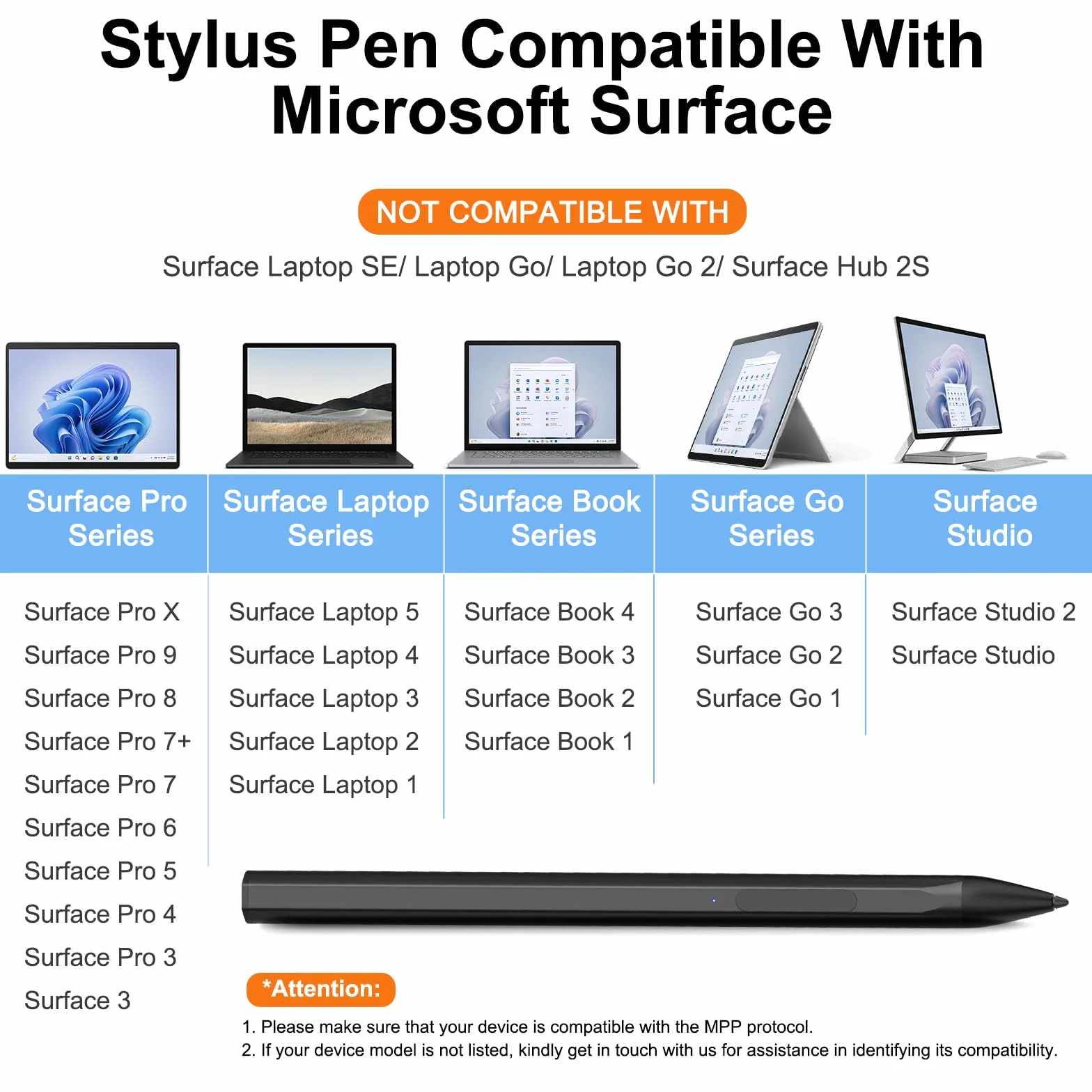 Penna stilo per Microsoft Surface Pro9/8/X/7/6/5/4/3 Surface Go 3/2/1 Surface 3/Laptop/Studio/Book 4/3/2/1 con 4096 Tilt Pressure Palm Rejection, attacco magnetico, ricaricabile, nero