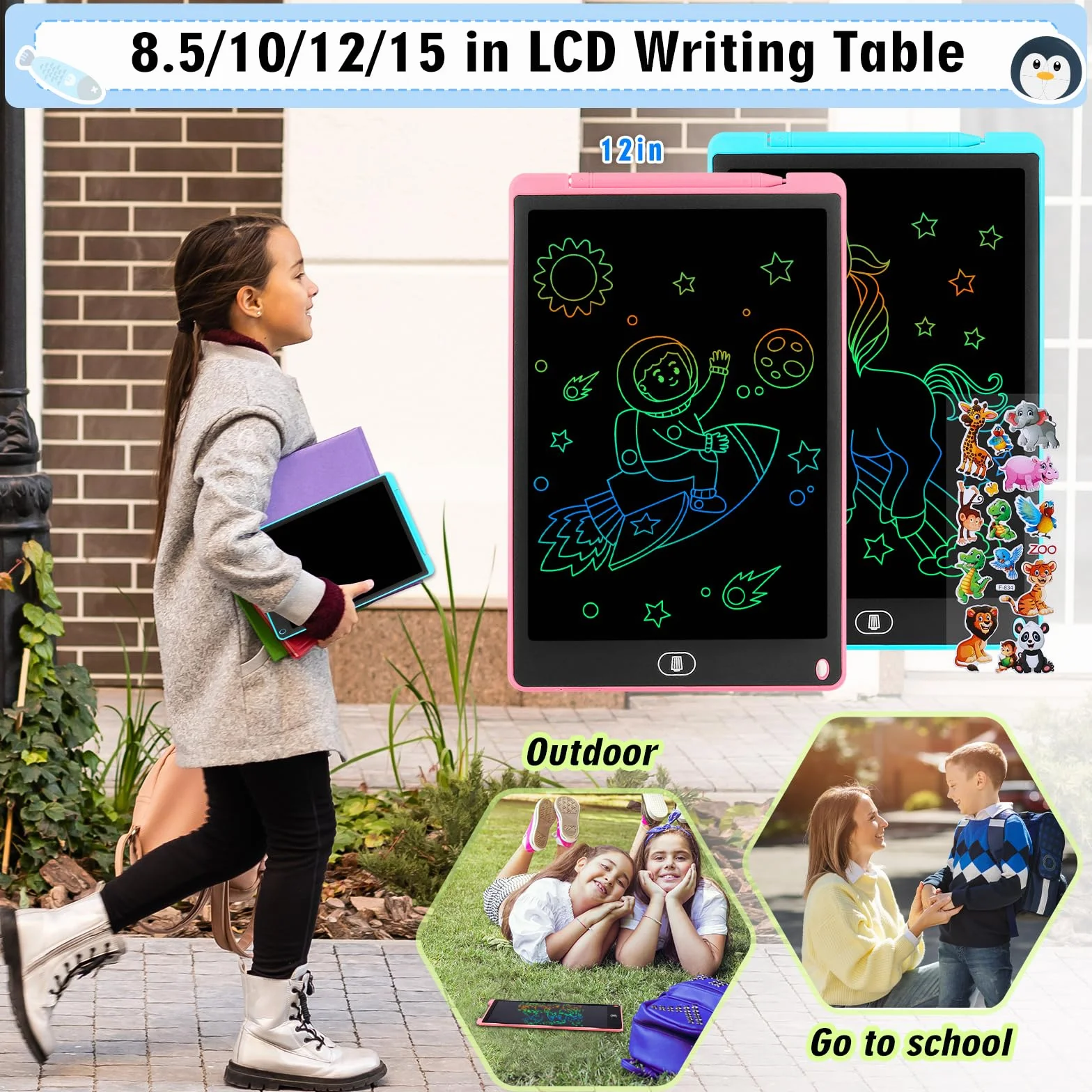 Tavoletta Grafica LCD 12 Pollici 2 Pezzi Schermo Colorato per Bambini 3-6 Anni Blu+Rosa