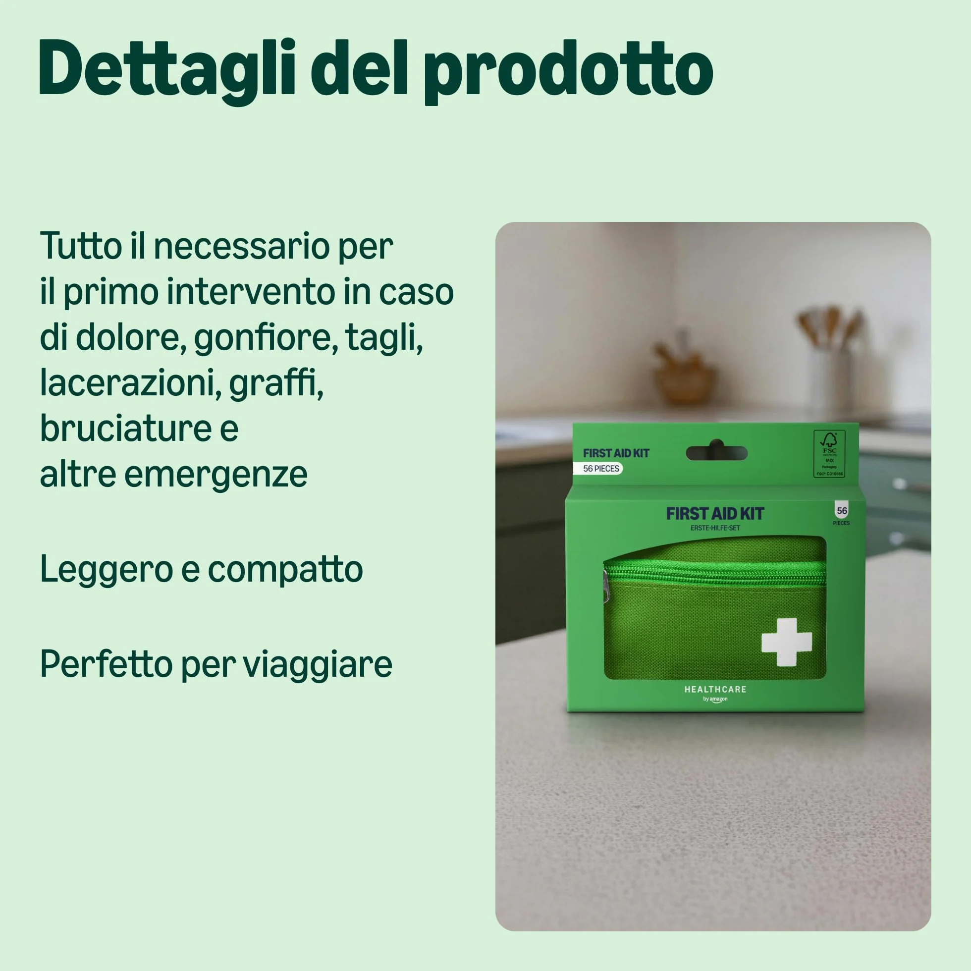 Amazon Basic Care Zestaw pierwszej pomocy, Zielony, 56 sztuk