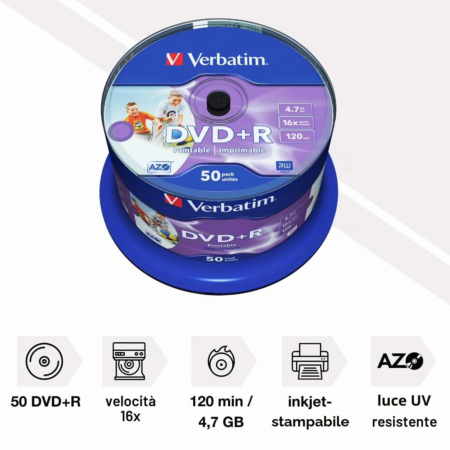 Verbatim DVD+R 16x Speed (photo inkjet printable) confezione da 50