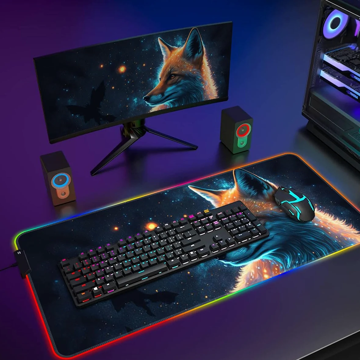 Tappetino per mouse RGB, luce LED, tappetino per mouse con base in gomma, colorato per computer, tappetino da scrivania per PC e laptop, volpe neon, 40 x 90 cm