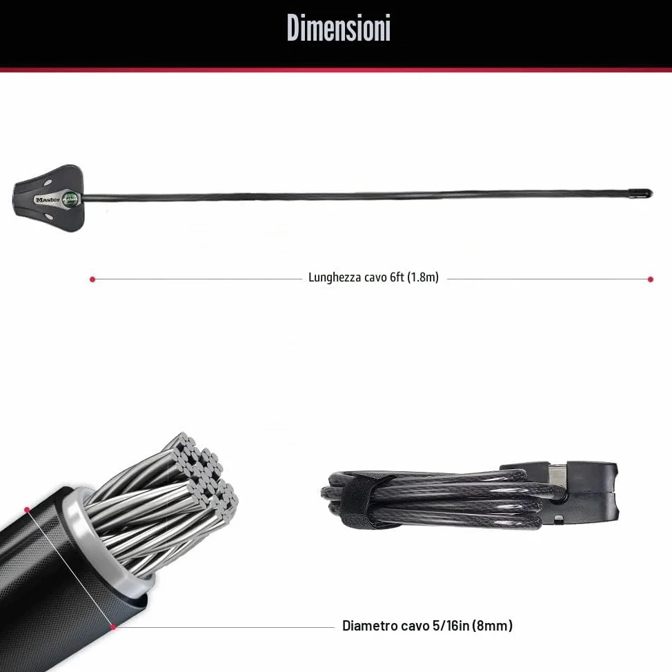 Master Lock, Lucchetto per bici con cavo nero e chiave, cavo regolabile in metallo con rivestimento in vinile, resistente alle intemperie, per attrezzature da esterno, biciclette, telecamere trail,