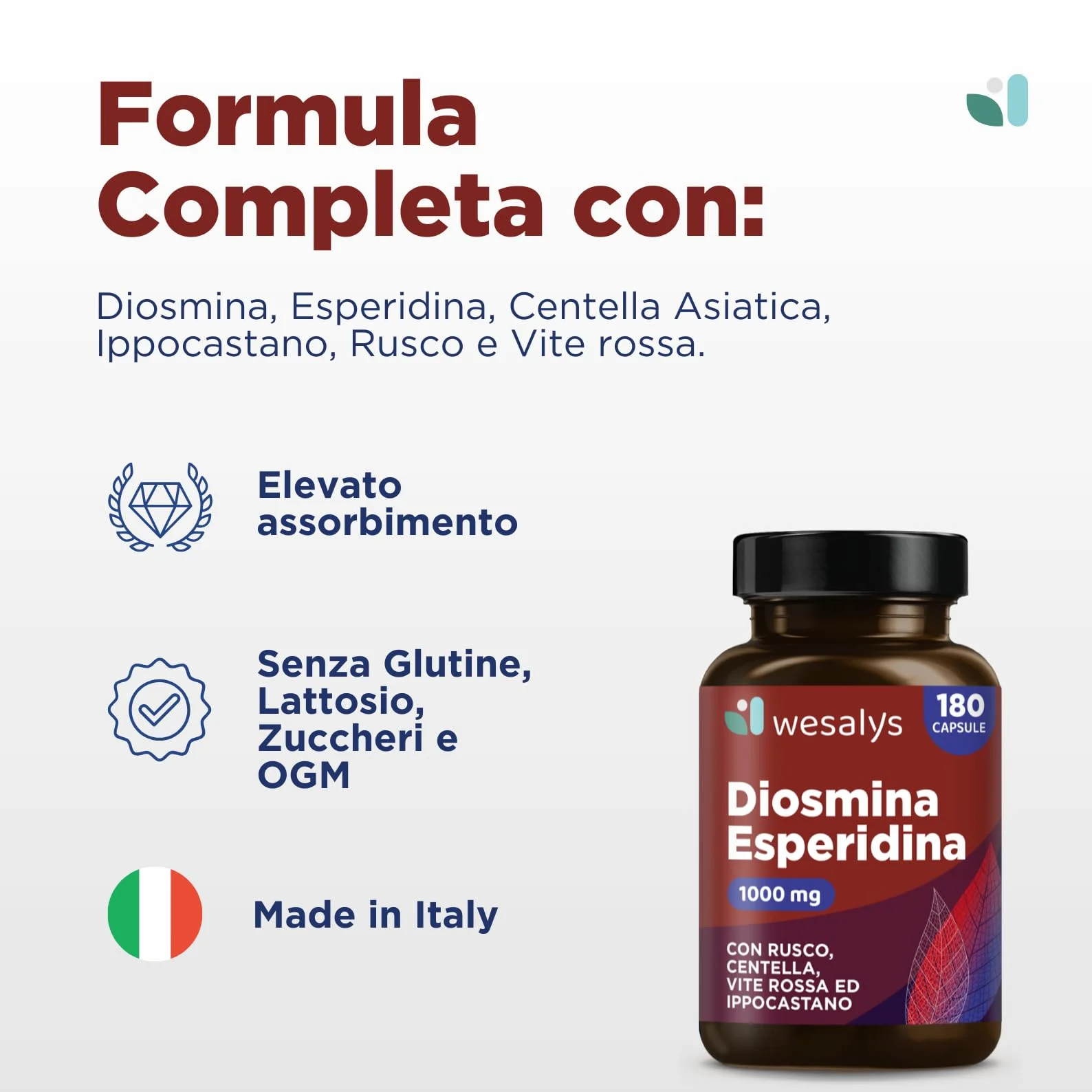 Diosmina Esperidina Alto Dosaggio 1000mg 180 Capsule Vegetali Integratore Vene Varicose Gambe Pesanti WESALYS
