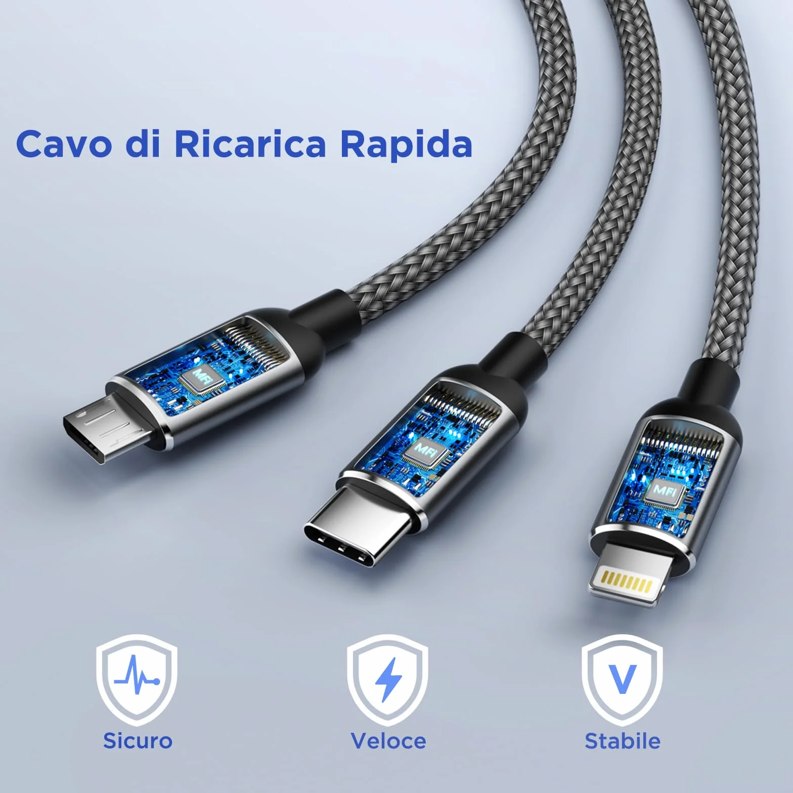 3 in 1 Multiplo Cavo USB Type-C 1.2M Ricarica Rapida Nylon Intrecciato per Samsung iPhone Huawei