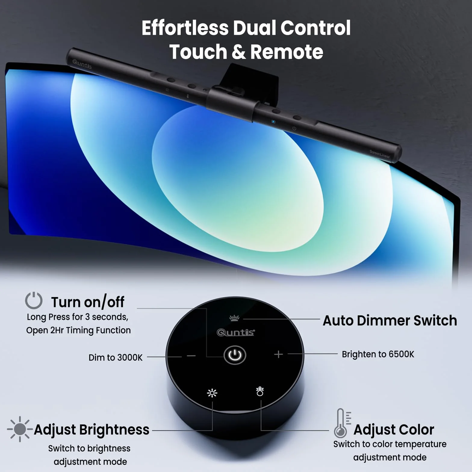 Quntis Lampada Monitor con Telecomando e Touch 40cm, Luce Monitor Curvo con Dimmer Automatico e Timer, Lampada Led PC di Protezione Gli Occhi per la Lettura Lavoro