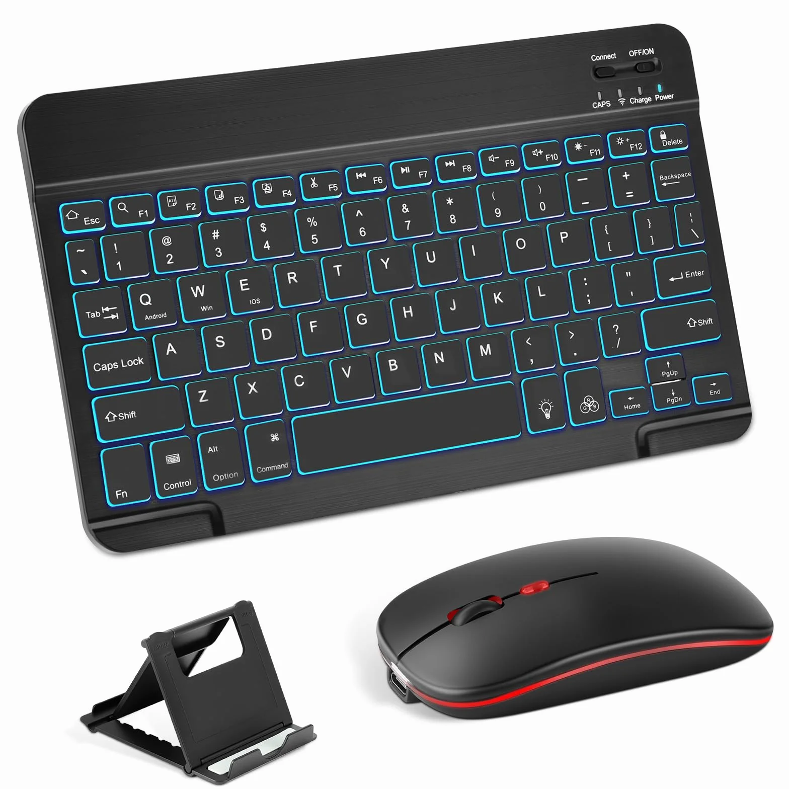Aolso Tastiera Retroilluminata Bluetooth Set con Retroilluminazione, Ultrasottile Tastiera e Mouse Wireless Ricaricabili e Silenziosi con Supporto Telefono per iPad/Samsung/iOS/Android/Windows, Nero