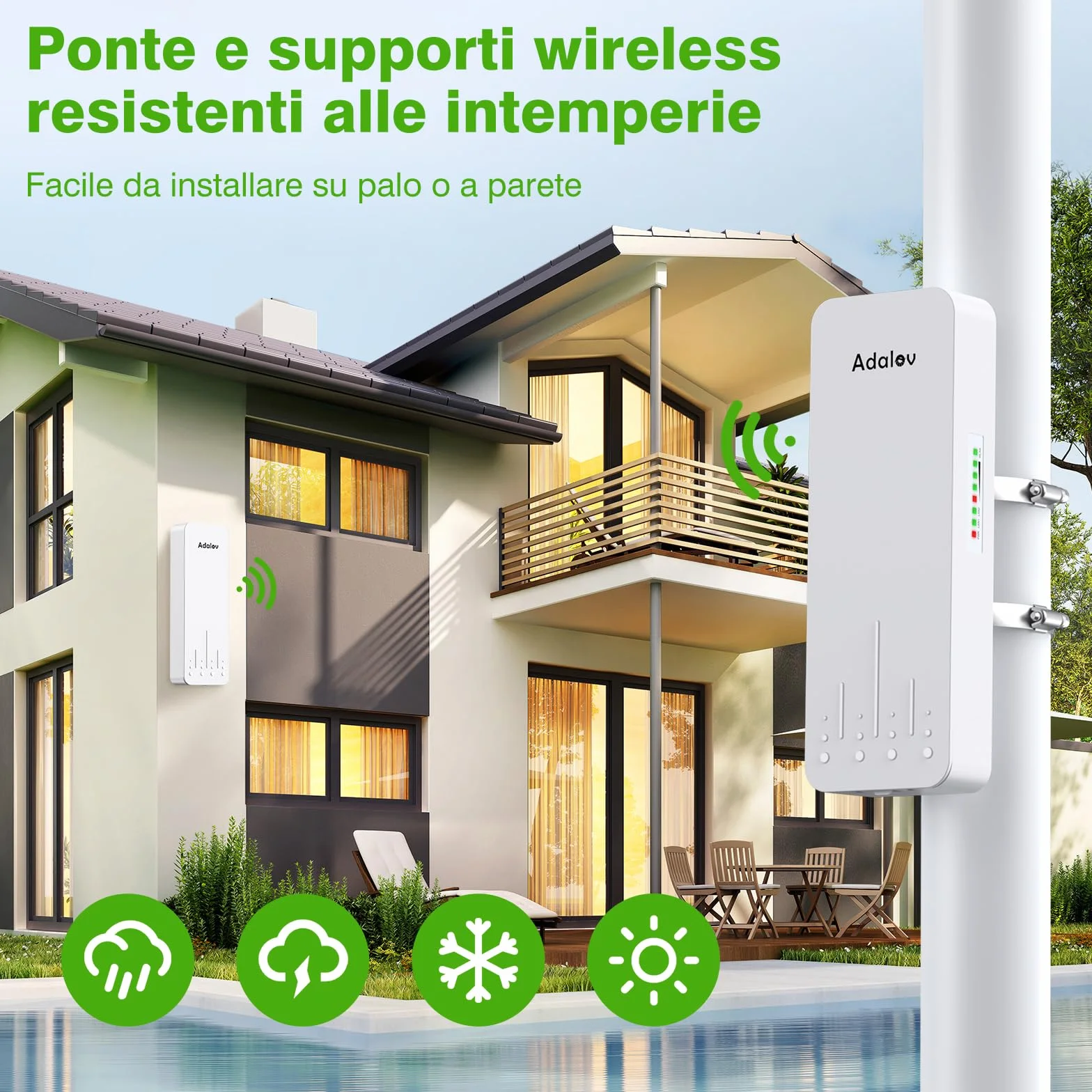 AdaLov CPE660 Ponte Radio Esterno 5.8GHz, Ponte Wireless Lunga Distanza 3KM Punto-Punto, Estensione Rete per Telecamera/Garage/Edificio Annesso/Agriturismo/Allevamento, Plug & Play, Impermeabile, PoE