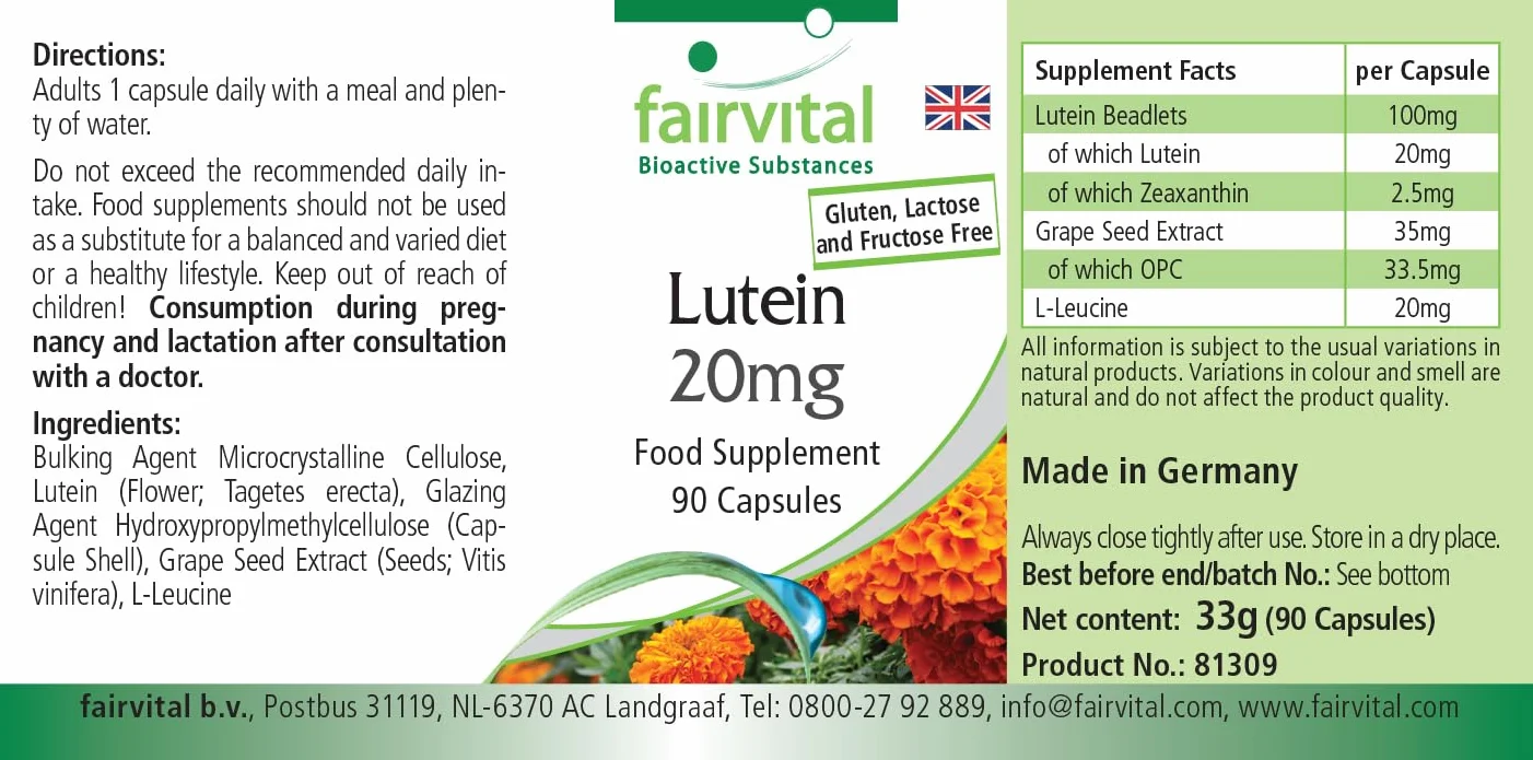 Fairvital Luteina 20 mg + Zeaxantina, 90 capsule, vegane, senza stearato di magnesio