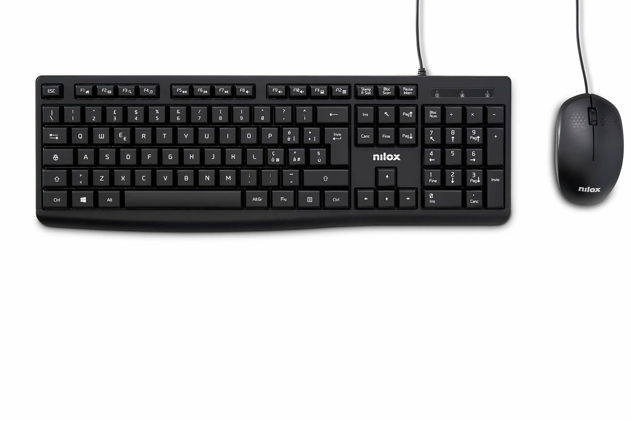 Nilox NXKMIT0012, Kit Tastiera e Mouse USB, Tastiera con Layout Italiano, Mouse con Sensore Ottico da 1200 DPI, Compatibile con Windows, Linux, MAC