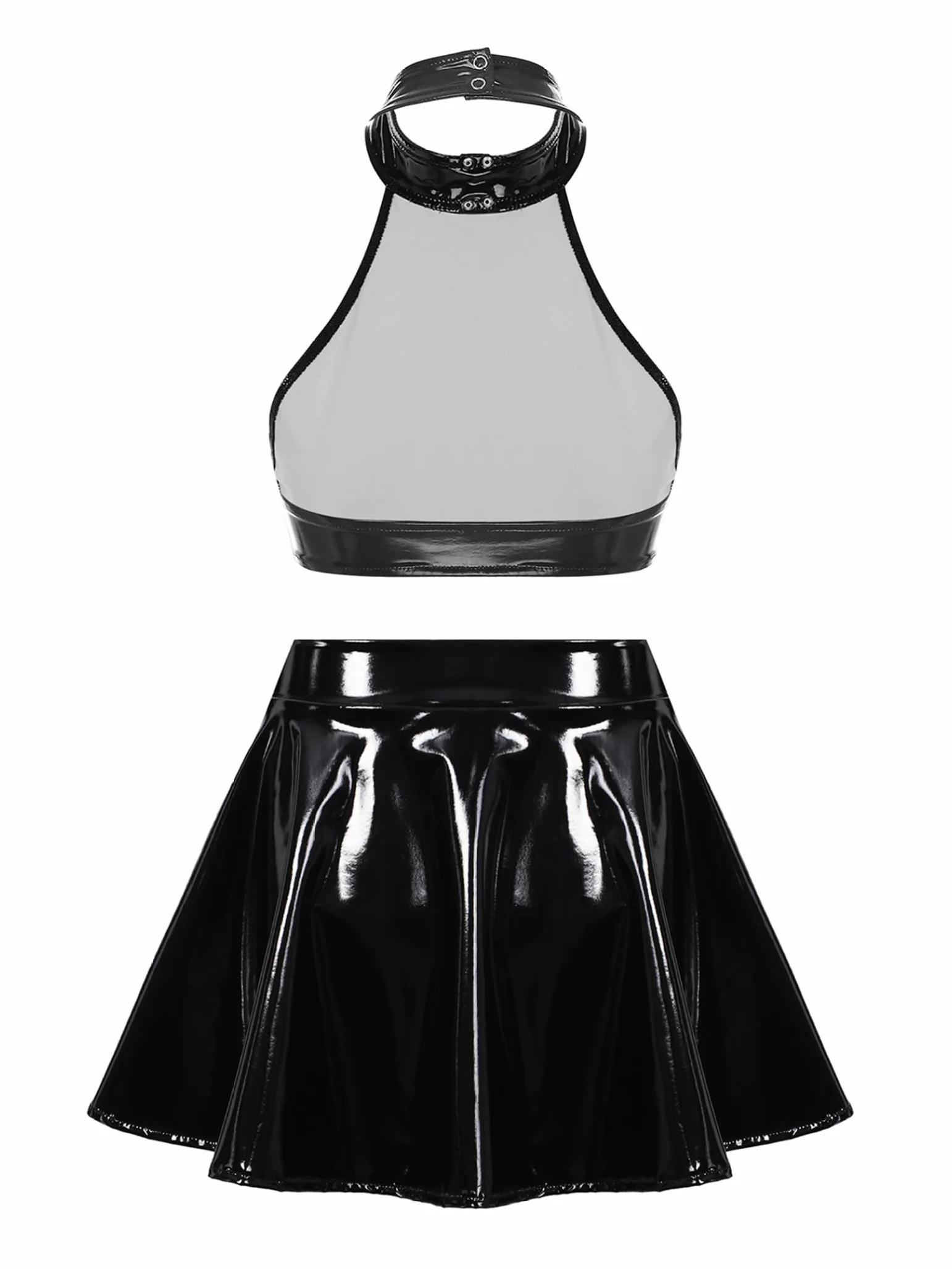 Women Wetlook Latex Lingerie Bustier Crop Top Skater Dress Fetish Party Clubwear