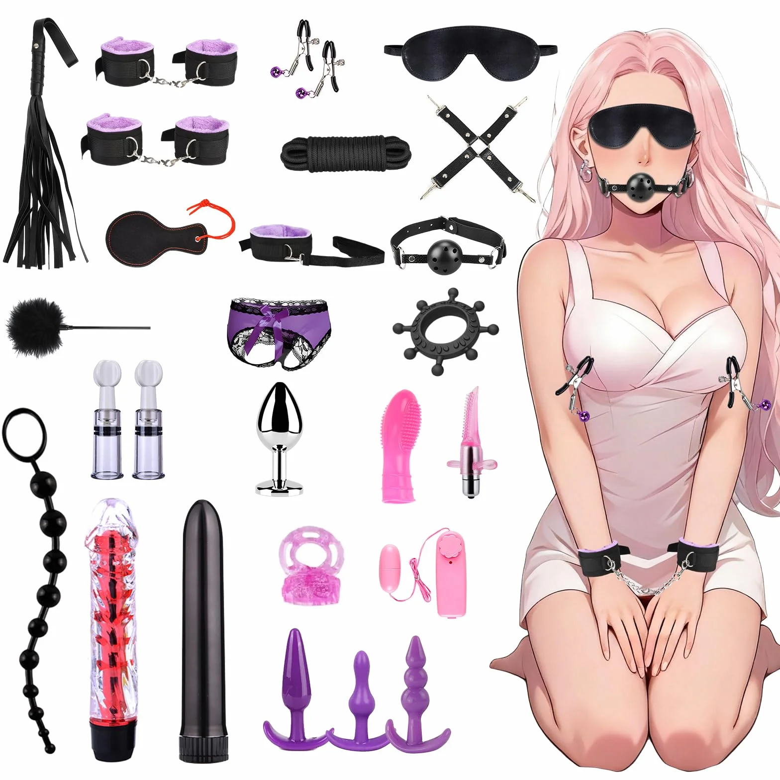 Coppia Boňdage Set 26 Pezzi Giocattoli Sessuali con Manette Regolabili Cavigliere Frusta Maschera Occhi Bacchetta Piume Vibratore Viola