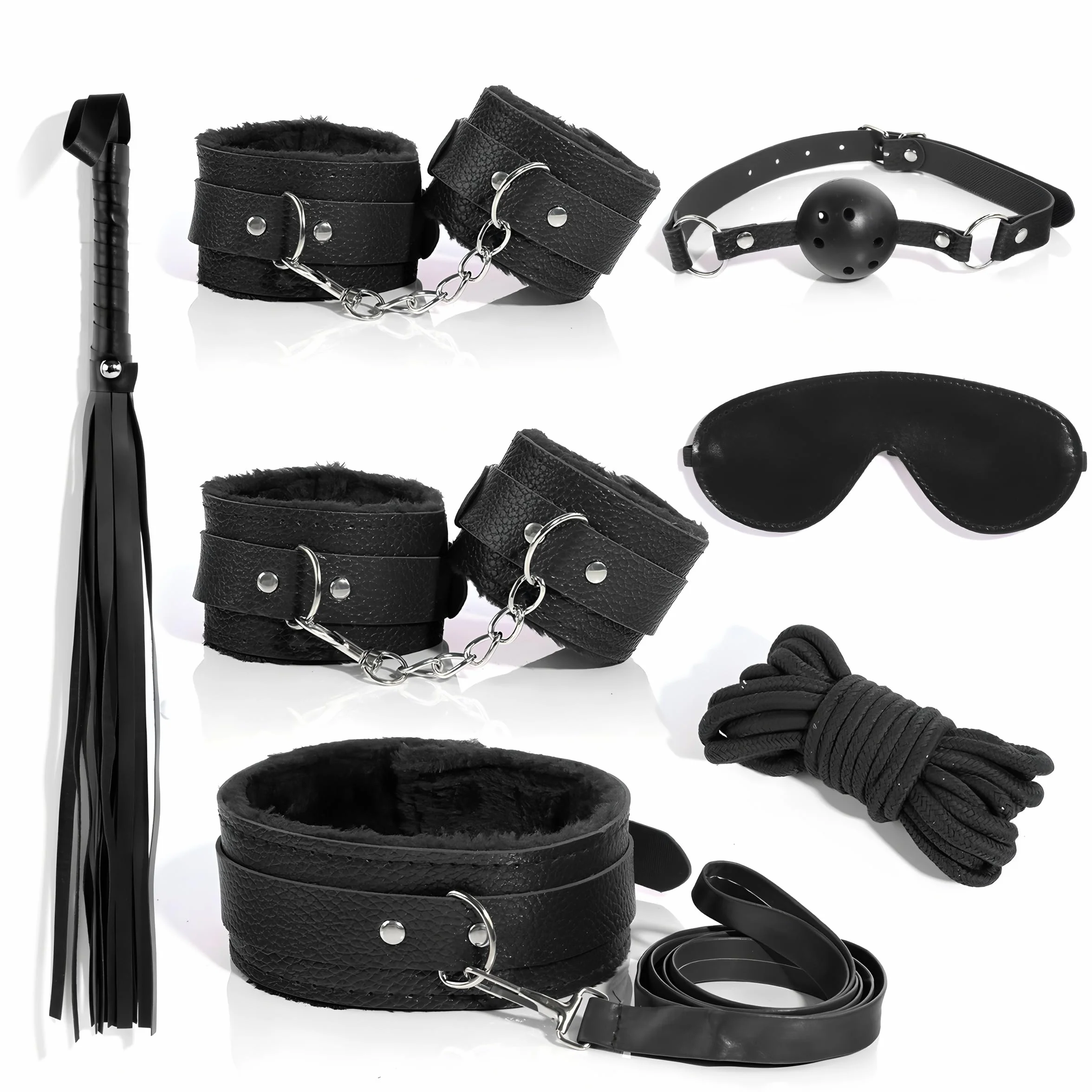Set di legacci BDSM 7 pezzi, manette, collare con corda, benda SM, giocattoli erotici (Nero)