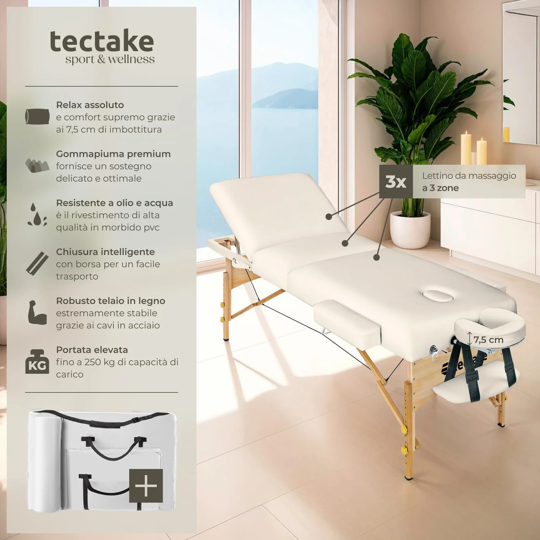 tectake Lettino da Massaggio Somwang Pieghevole Altezza Regolabile 250 kg Beige