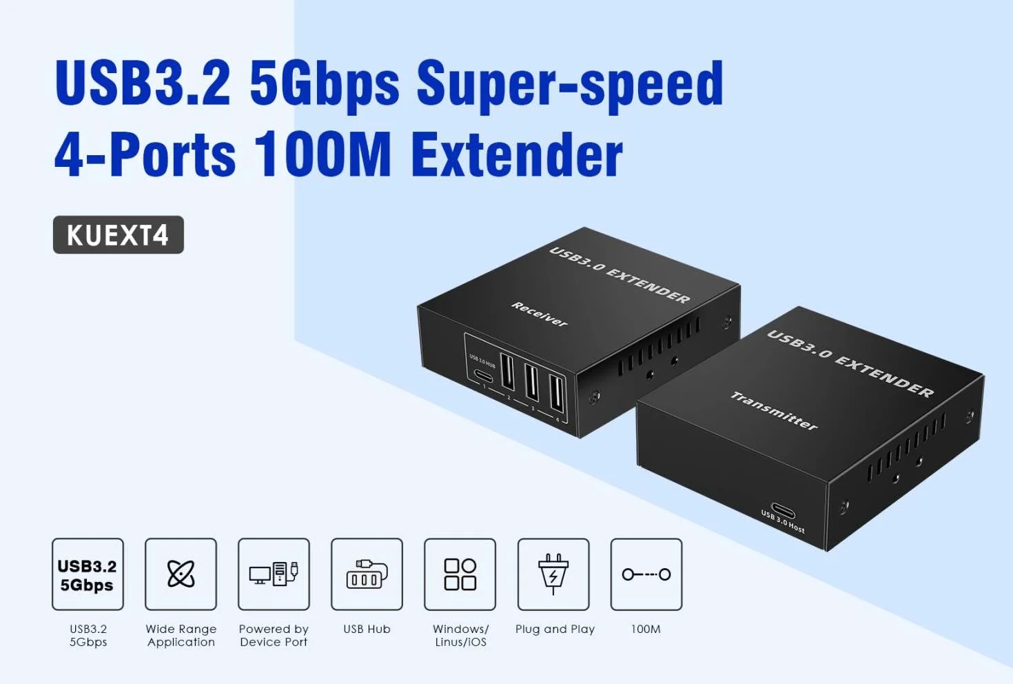 PremiumCord Extender USB 3.0 A 4 Porte Su Cat5E/Cat6/Cat6A Fino A 100 m, 5 Gbps, RJ45, Ethernet, Custodia In Metallo, Nero