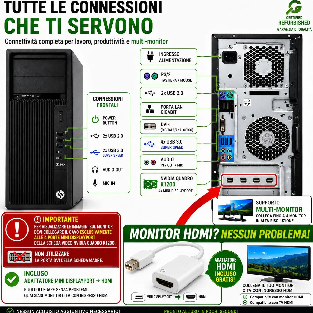 HP Workstation Z240 PC RICONDIZIONATO, Core i7-6700K, 32GB RAM, 1TB SSD+HDD, NVIDIA Quadro K1200 4GB, Win 11 Pro + Office 365