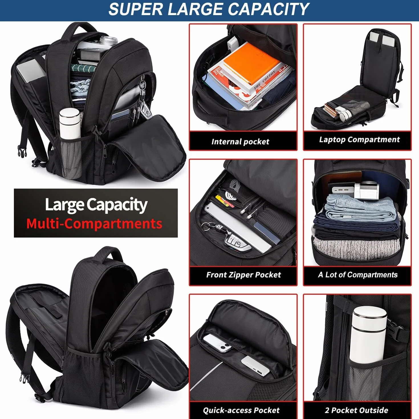 Zaino Uomo Grande 55L 18.4 Pollici con Caricatore USB Lavoro Impermeabile Laptop Computer PC Portatili per Viaggio Ufficio Scuola,Nero