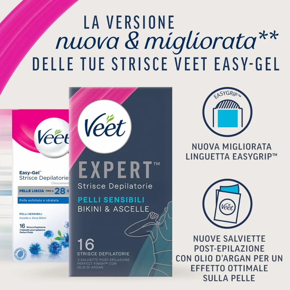 Veet Expert Strisce Depilatorie Ascelle e Zona Bikini, Ceretta Pelli Sensibili con Olio di Mandorla, 3x16 Strisce + 9 Salviette