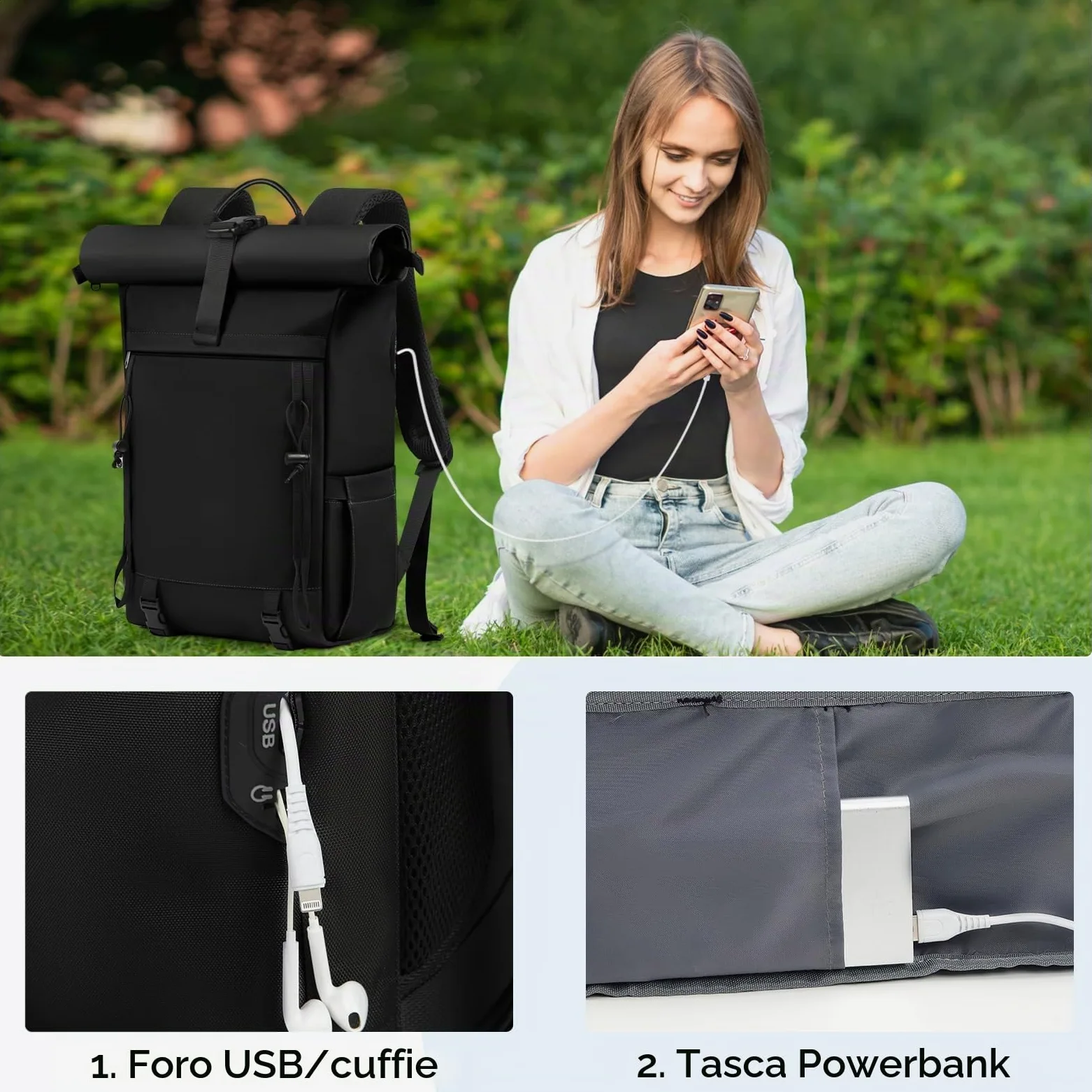 RAINSMORE Zaino Uomo Donna Porta PC 17 Pollici Impermeabile Zaino Viaggio | Zaino Trekking con Foro USB per Lavoro Alpinismo Trekking Campeggio Nero