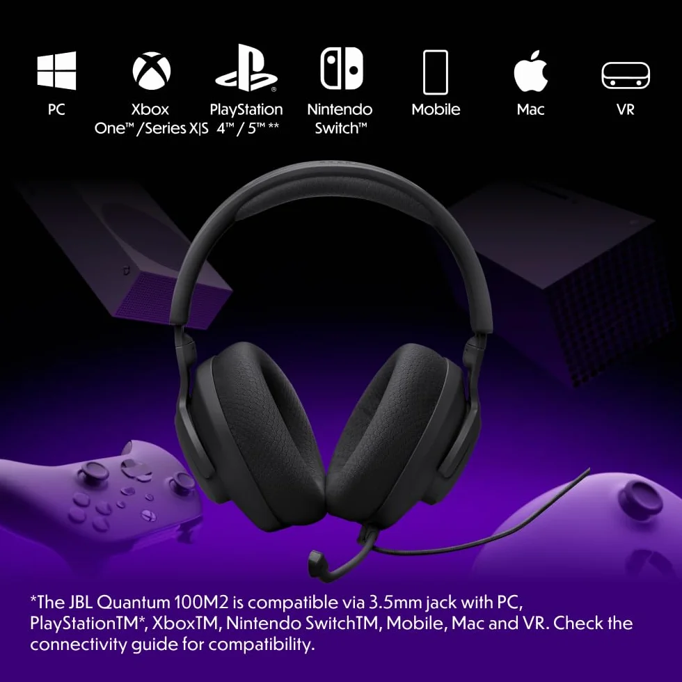 JBL Quantum 100M2 Cuffie Gaming Over Ear con Filo, JBL QuantumSOUND Signature, Jack 3,5 mm, Microfono Rimovibile, Nero