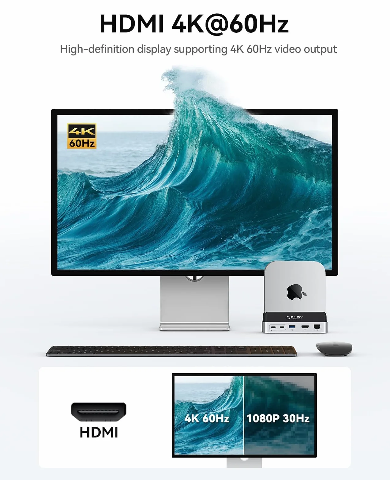 ORICO MiniDock Hub e Supporto per Mac mini M4/M4 Pro, con Alloggiamento SSD NVMe, Uscite HDMI 4K e DisplayPort, Lettore di Schede SD/TF 3.0, Porte USB‑C e USB‑A a 10 Gbps, Ricarica PD 100 W – VS10