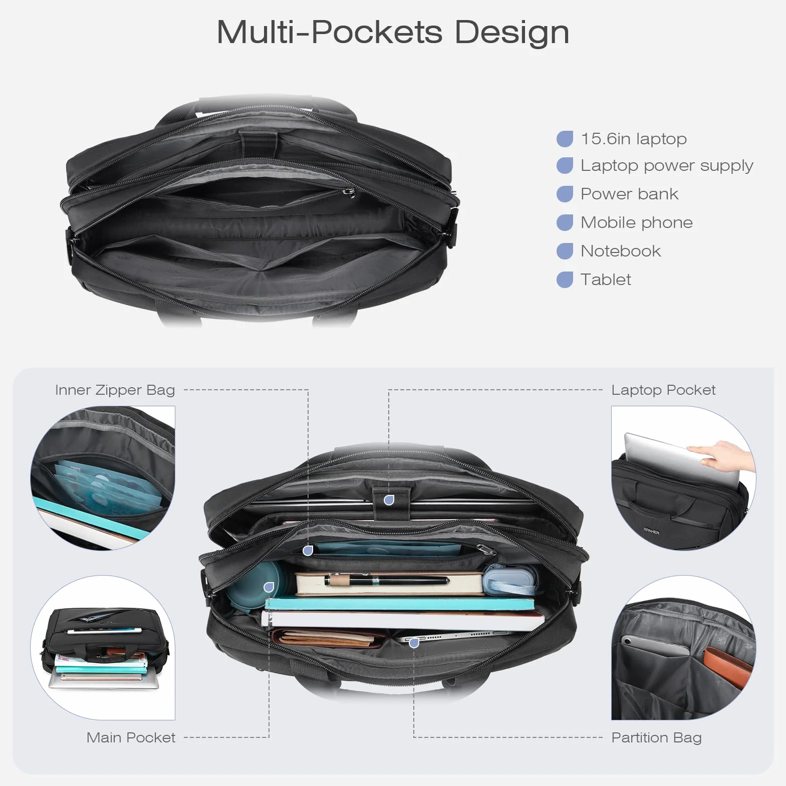SPAHER Borsa Porta PC 15,6/16 Pollici Borsa Ventiquattrore Uomo Donna Borsa Tracolla da Lavoro Ufficio Laptop Bag per Laptop Computer Viaggi Affari Scuola Valigetta 24 Ore Uomo Nero