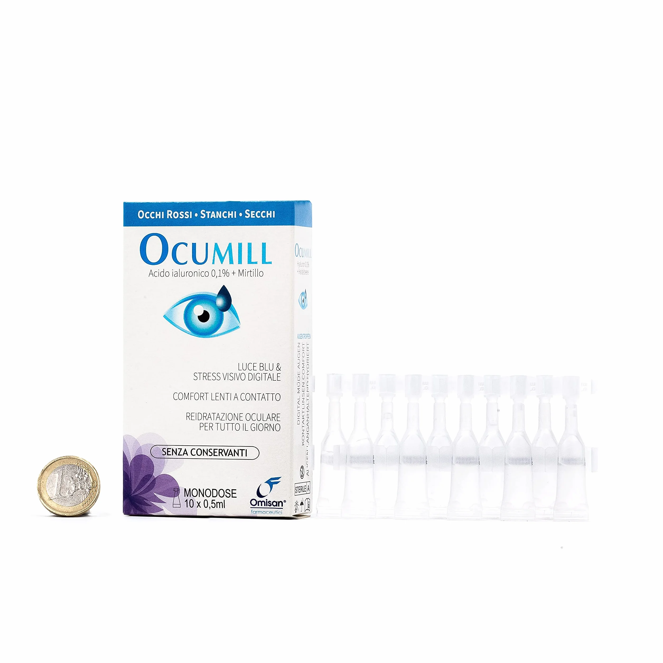 Ocumill Gocce Oculari Acido Ialuronico 3 in 1 Lubrificante Idratante Rinfrescante Monodose 10 x 0.5ml