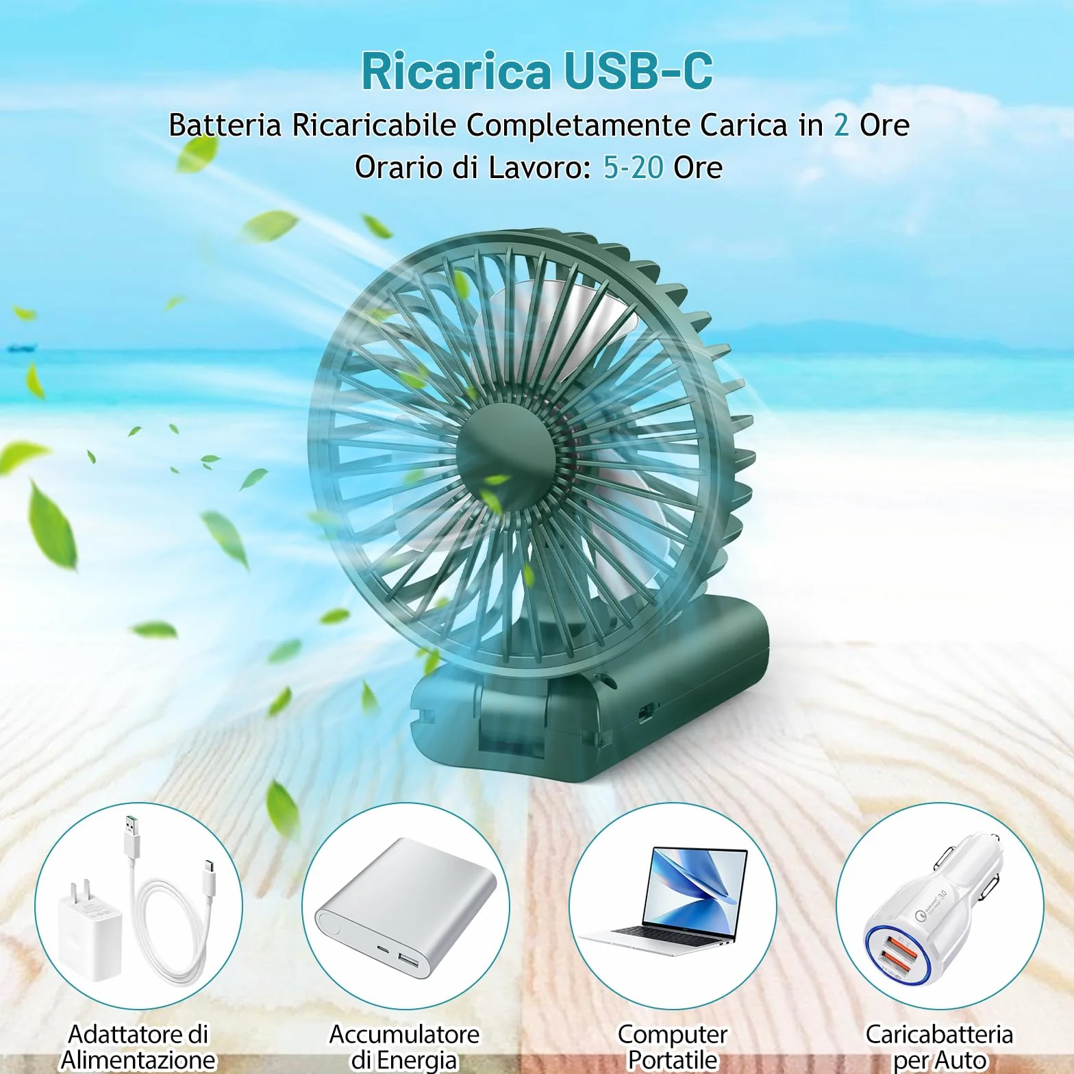 Ventilatore Portatile,Mini Ventilatore USB Ricaricabile,Pieghevole Ventilatore A Mano Silenzioso Potente,3000 mAh, 3 velocità di ventilazione da Tavolo per Viaggi,Ufficio,Campeggio-Verde
