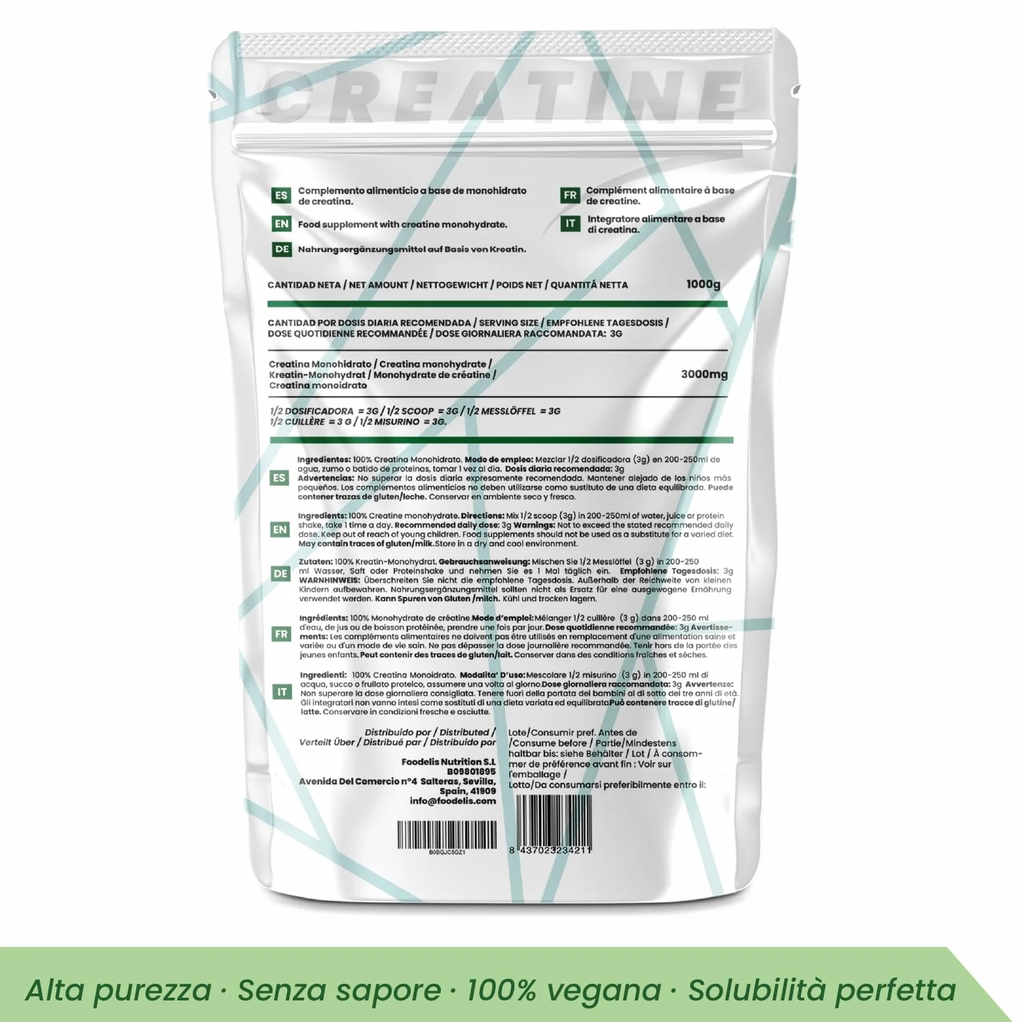 Foodelis Creatina Monoidrato Micronizzata in Polvere 1 kg – 100% Pura Senza Additivi