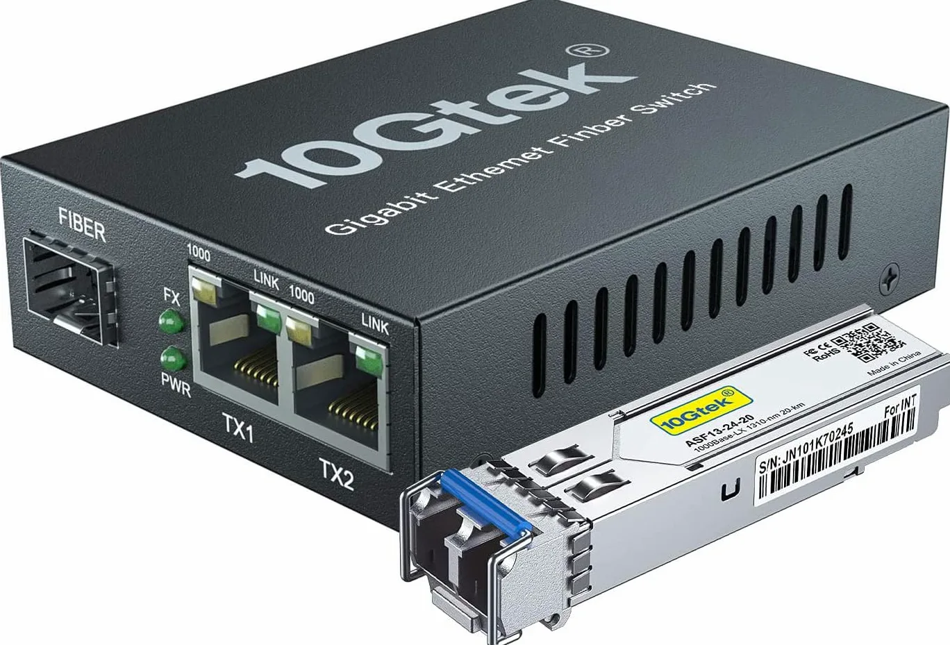 10Gtek 3 Ports 1.25G Media Converter with 1 SFP Port + 2 RJ45 Ports, packed with a 1000Base-LX Module, 1000Base-LX to 10/100/1000Base-Tx, up to 20-KM