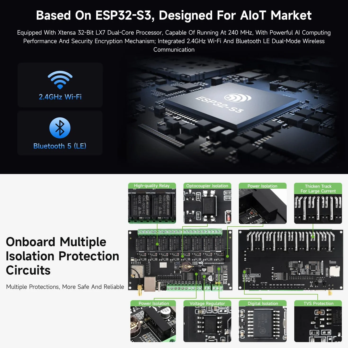 Waveshare ESP32-S3-ETH-8DI-8RO-C(Common Network Port), Industrial 8-Ch ESP32-S3 WiFi Relay Module, Isolated CAN Interface, Xtensa 32-Bit LX7 2-Core Processor, Up To 240MHz, Multi Isolation Protection