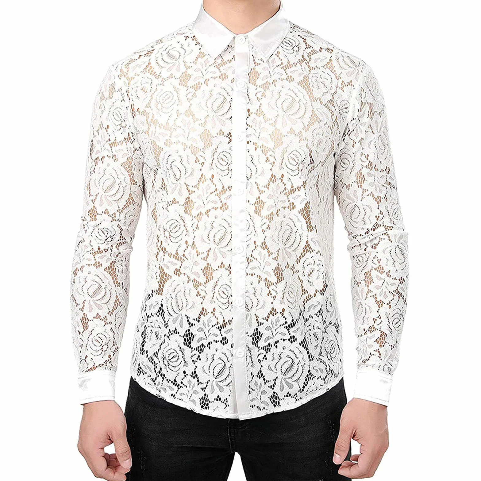 Camicia da uomo trasparente in pizzo maniche lunghe slim fit punk elegante