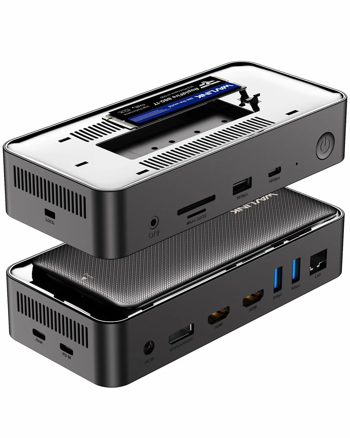 WAVLINK 12 in 1 Docking Station 3 Monitor per Windows e Mac OS, con 8K a 30 Hz HDMI/DP,con Alloggiamento SSD M.2 PCIe/SATA, Supporto Power Delivery da 100 W, USB-C/A, SD/TF, Gigabit