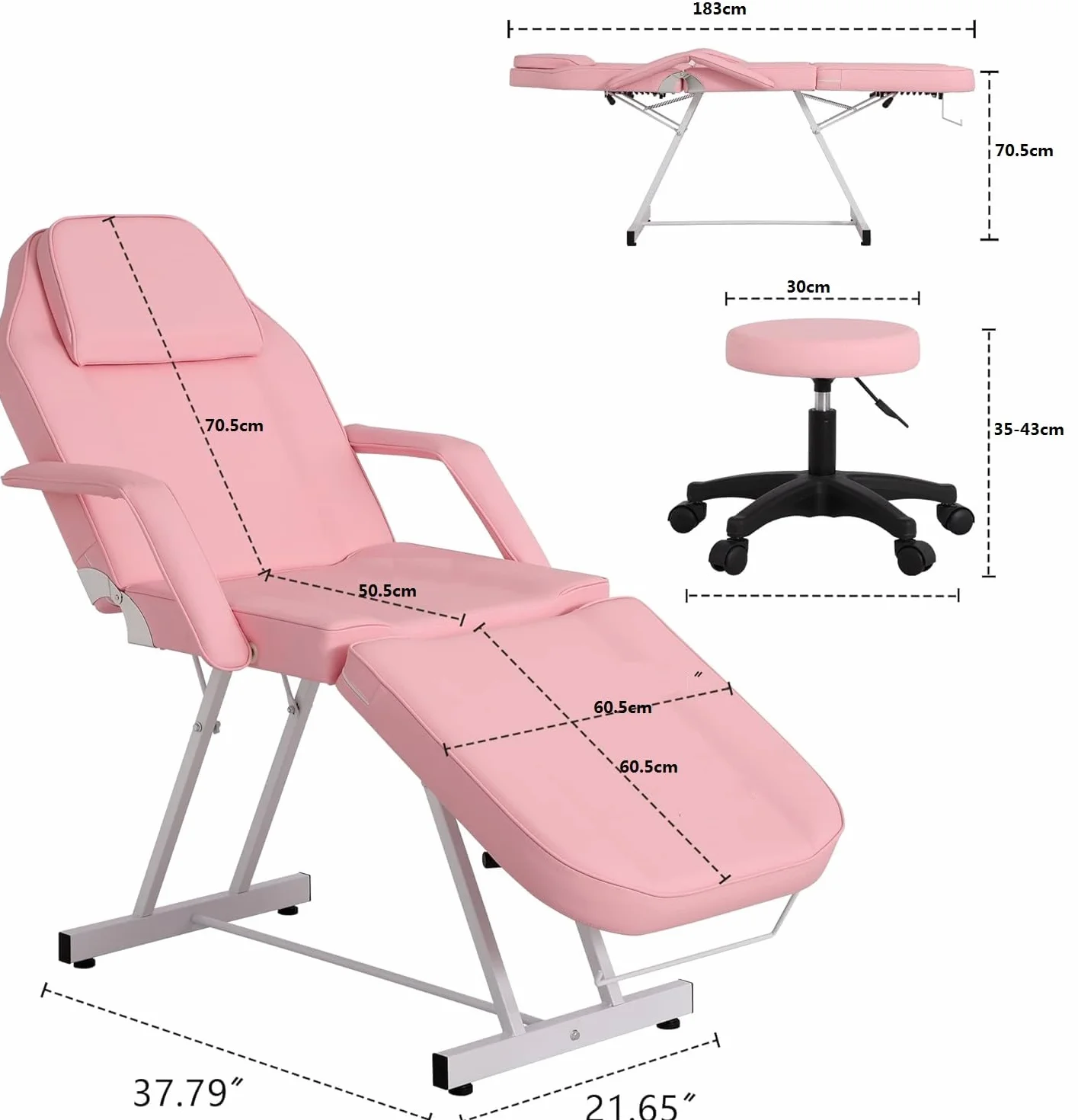 Lettino da Massaggio Pieghevole 3 Zone con Sgabello Portatile in Pelle PU Rosa per Fisioterapia Estetista Tattoo