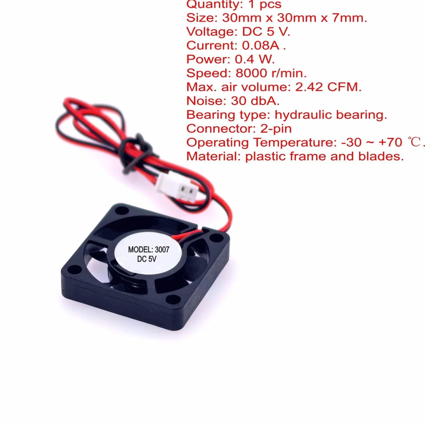 JZK 30x30x7 mm DC 5V mini ventola di raffreddamento 30mm con connettore a 2 pin, 8000 rpm, 0,08A, 3007 piccola ventola brushless DC 3cm per scheda di sviluppo, scheda grafica, ventola per stampante 3D