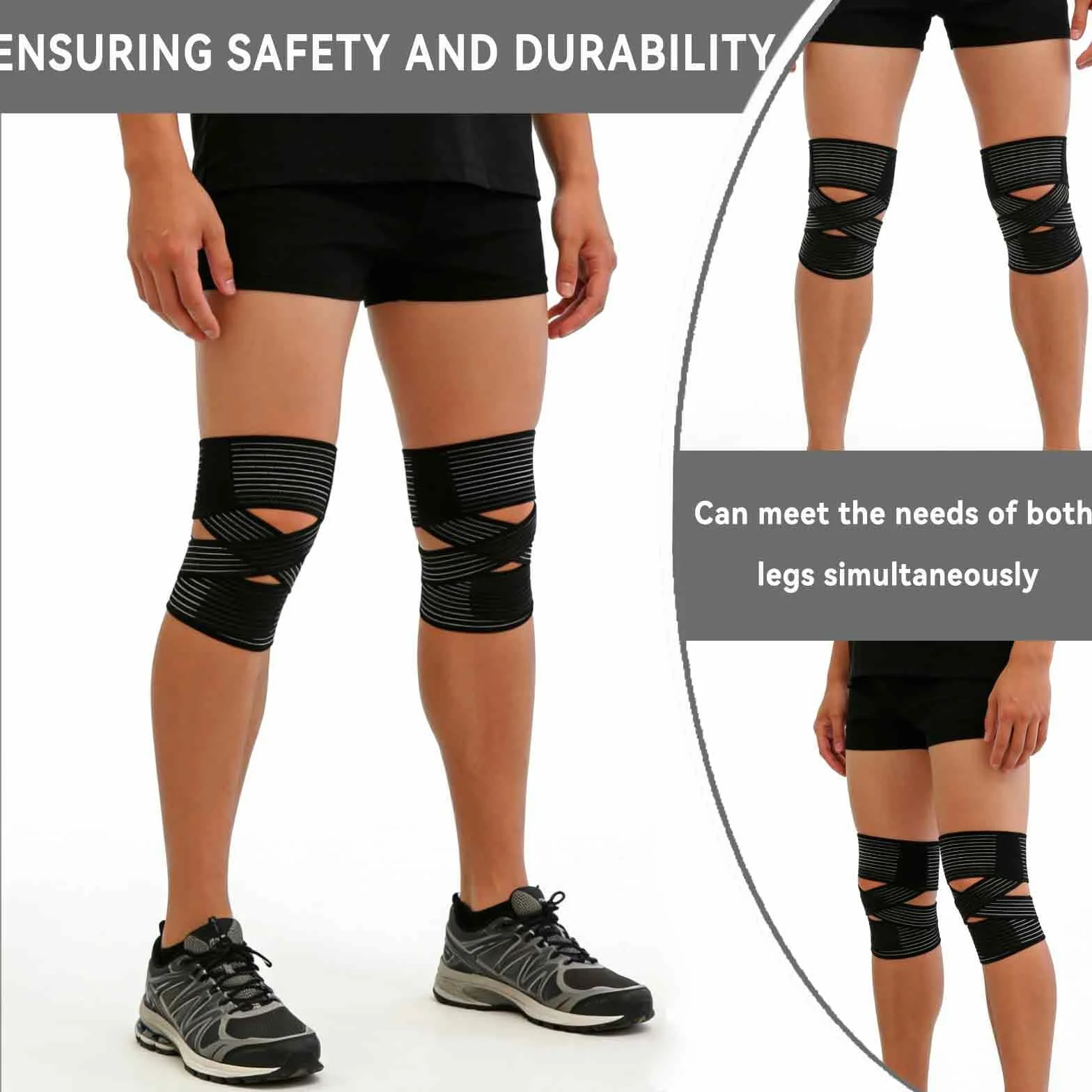 Fascia Elastica Coscia 200CM in Nylon – Benda Compressiva Sportiva con Chiusura a Strappo, Regolabile, Traspirante, Nero (2 Pezzi)