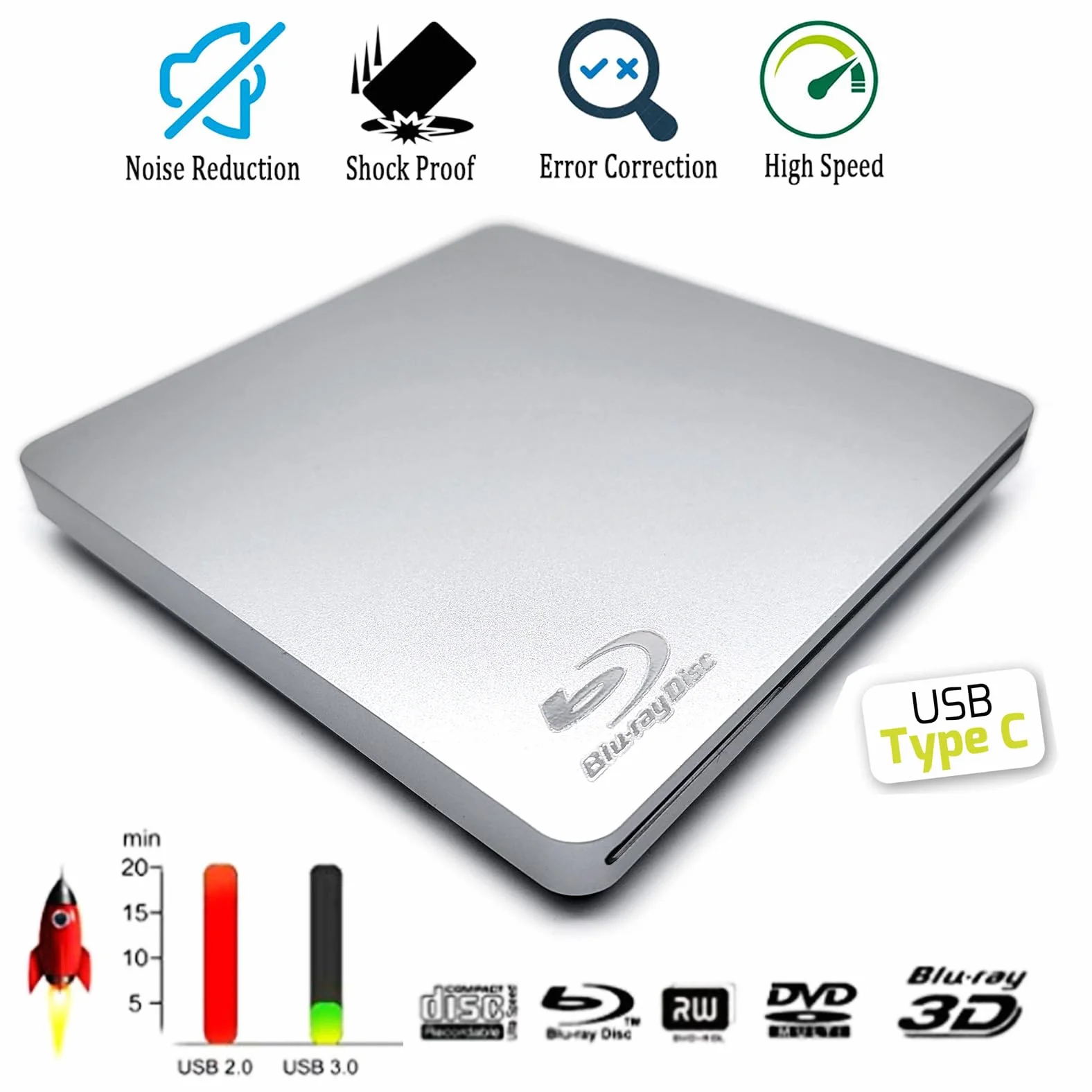 Superdrive USB esterno USB-C per lettore Blu-ray Mac, masterizzatore di CD, DVD, BD, per computer portatile Apple MacBook Air M1 M2 M3 15 13 2020 2018 2017 2022 2019 2024, unità ottica DVD+-RW 6X