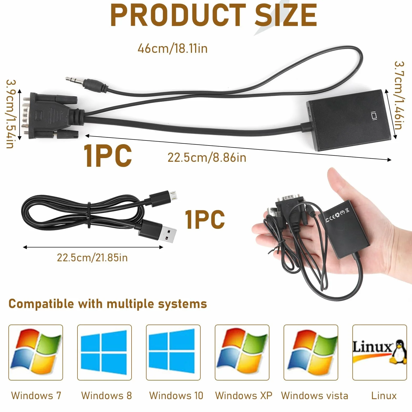 Adattatore da VGA a HDMI, 1080P Convertitore VGA to HDMI, Connettore VGA Maschio a HDMI Femmina con Audio, Adattatore VGA to HDMI per PC, Laptop a Monitor, TV, Include Cavo Audio e USB