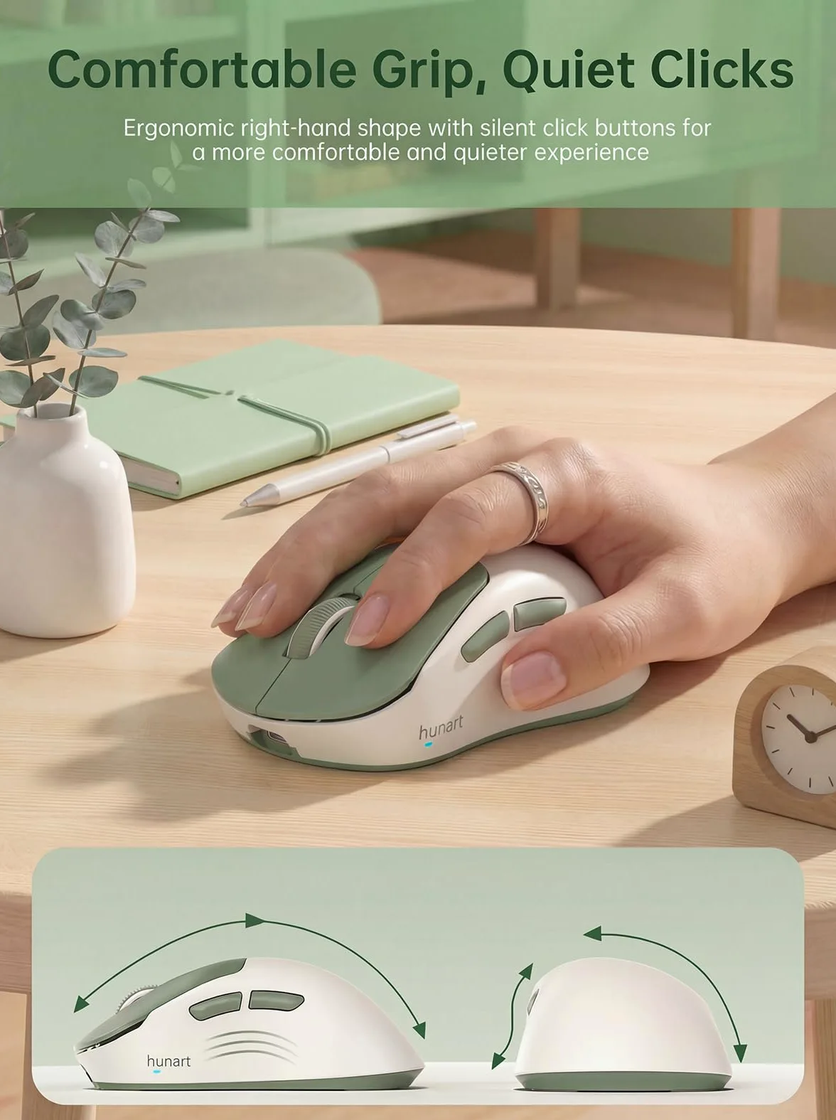 hunart H6 49 g mouse wireless, Bluetooth e mouse ricaricabile 2,4 GHz, leggero mouse ergonomico silenzioso con ricarica USB-C, mouse portatile da ufficio destro per laptop, PC, MacBook, tablet, verde