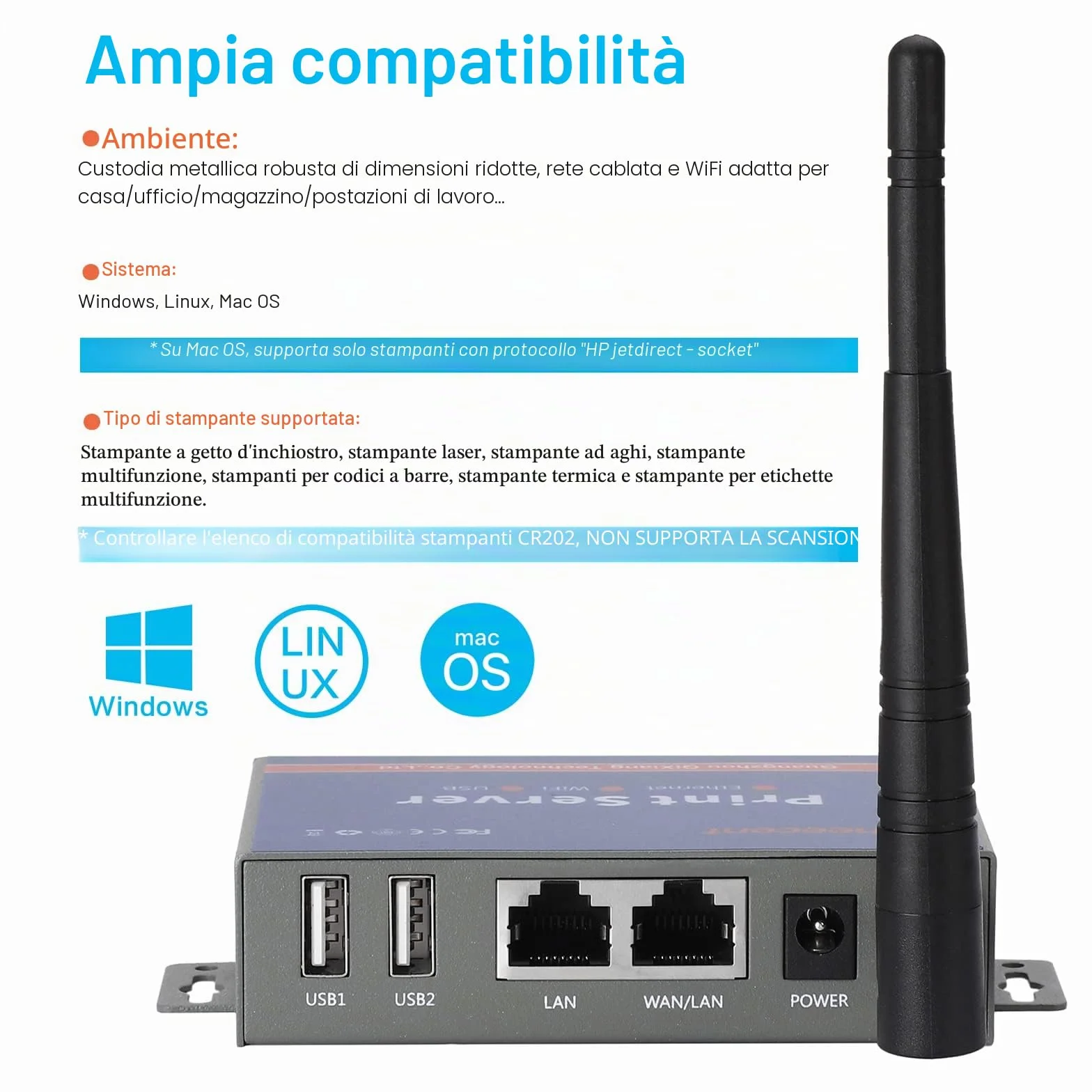 Server di stampa wireless (NON Plug&Play), server di stampa USB a 2 porte, server di stampa di rete di computer - Converti stampante USB in rete Ethernet WiFi - Compatibile con Windows Mac Linux