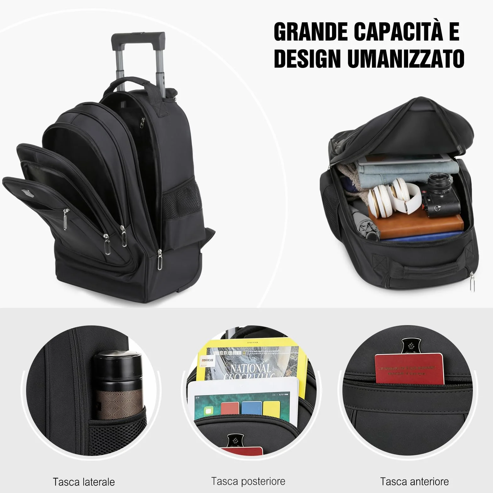 FANDARE 35L Trolley Zaino 2-in-1 per PC 15.6 pollici con Ruote, Borsa da Viaggio e Ufficio